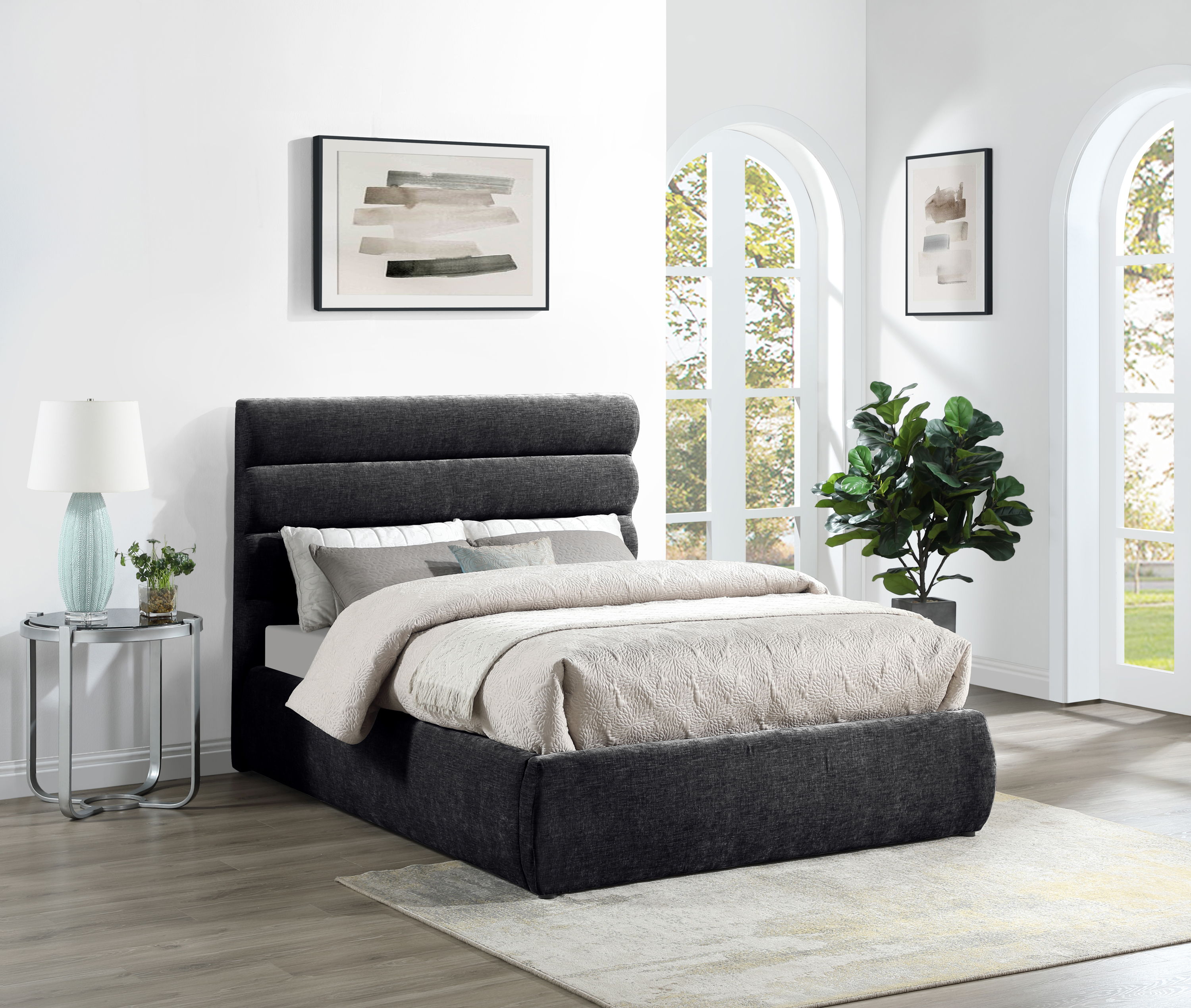 Adam - Chenille Fabric Full Bed With 52" Headboard - Black
