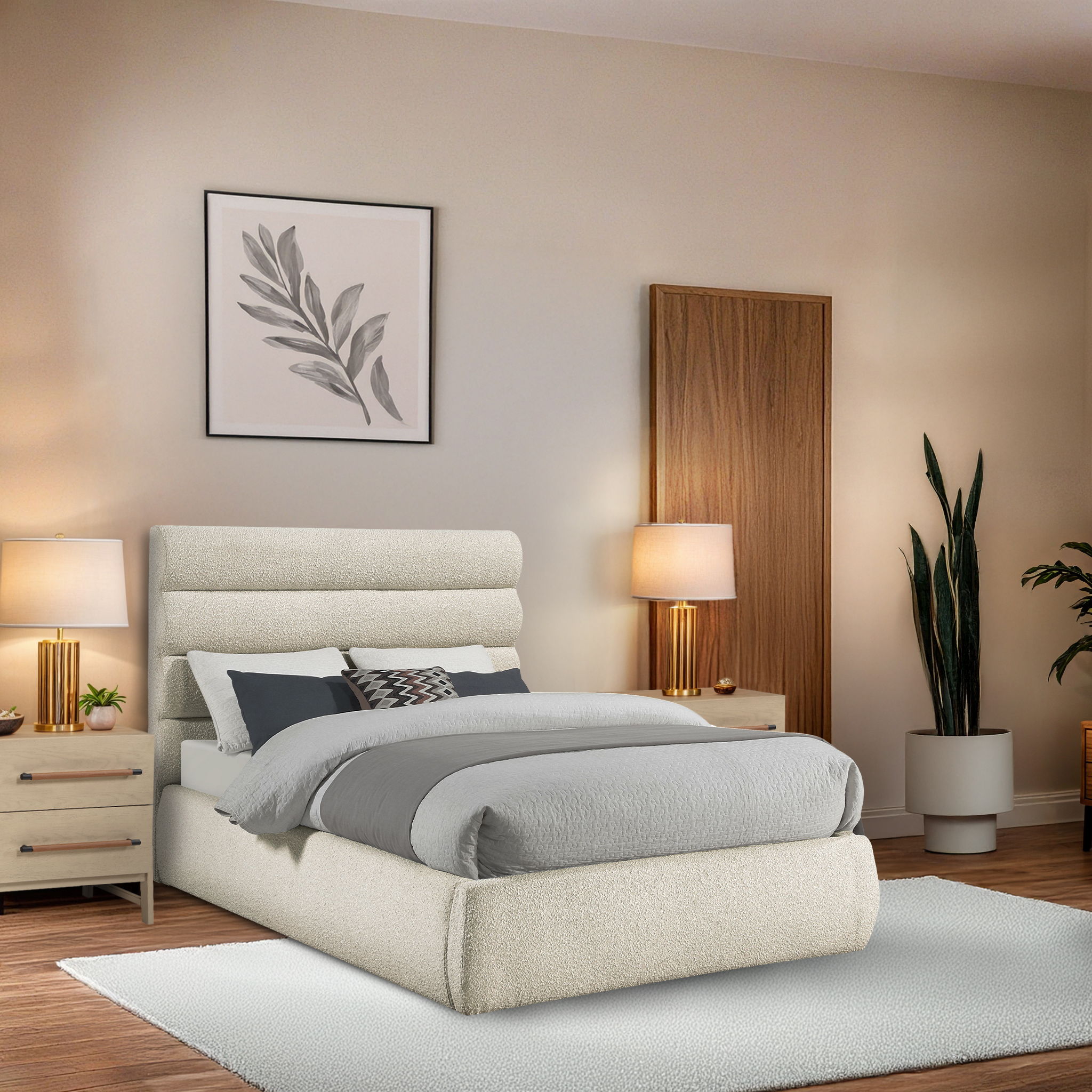 Adam - Boucle Fabric Full Bed With 52" Headboard - White