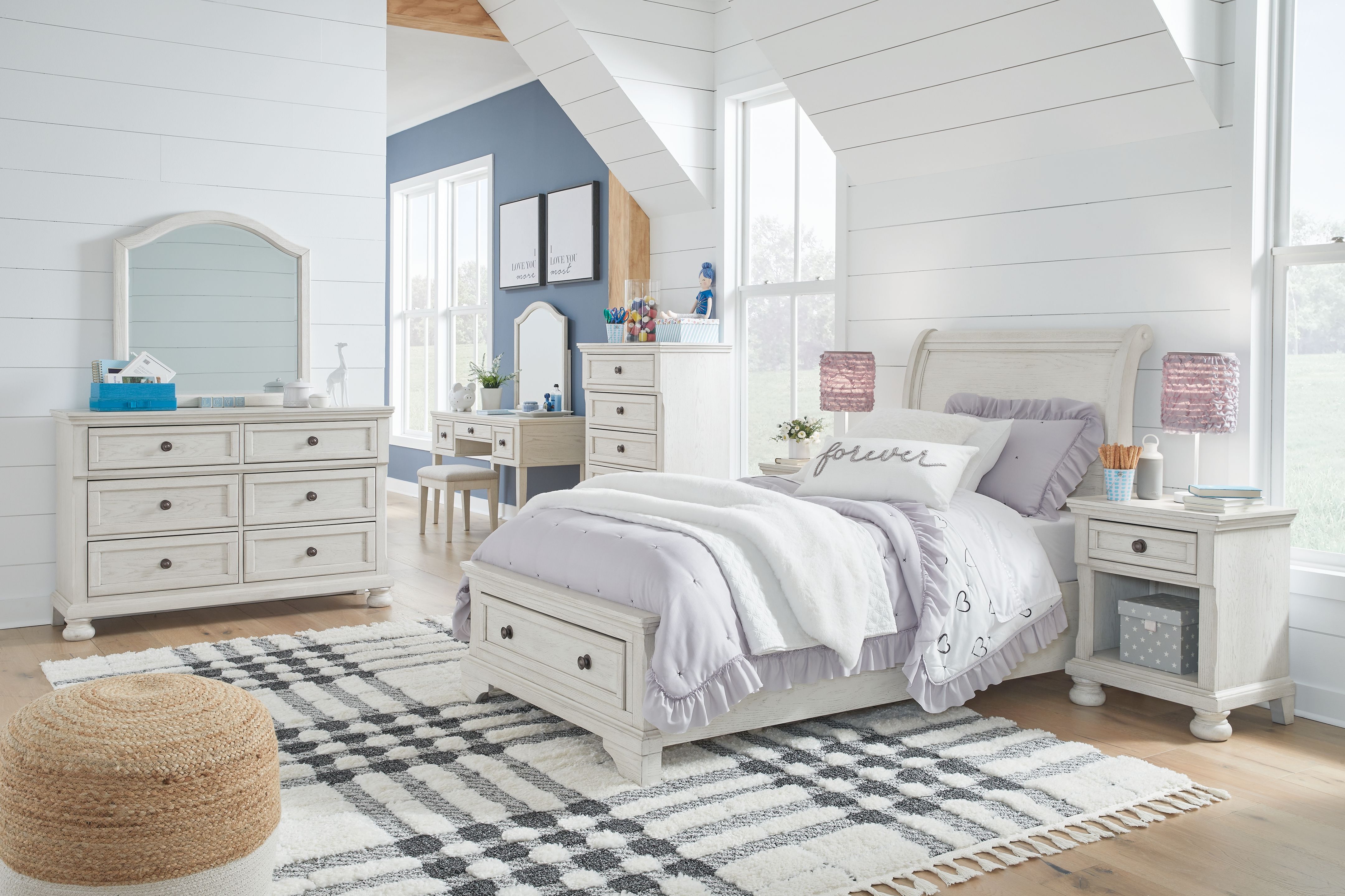 Twin · 10 Pc · Dresser, Mirror, Chest, Twin Sleigh Storage Bed, 2 Nightstands, Vanity Set