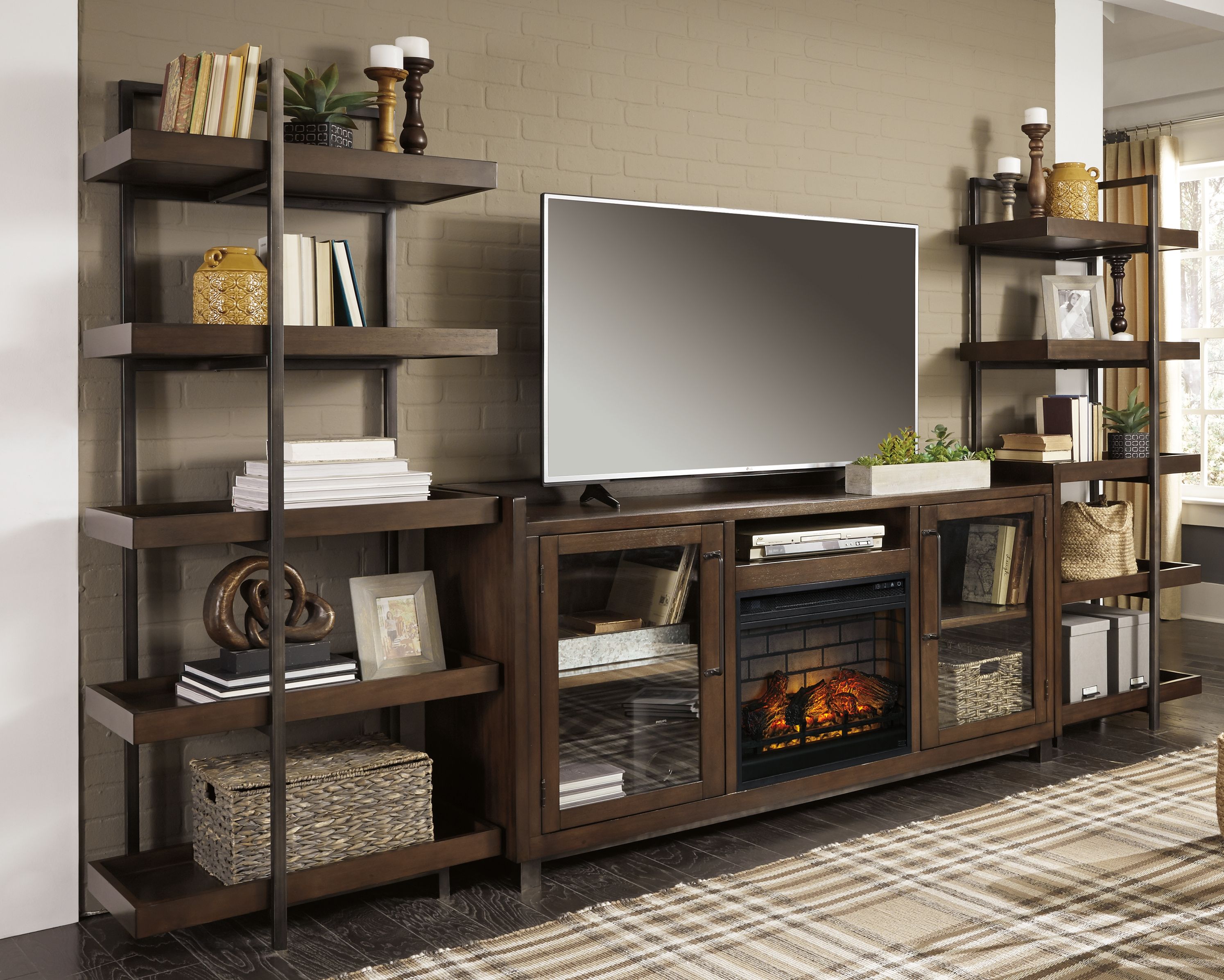 Starmore - 4 Pc. - Entertainment Center - 70" TV Stand With Faux Firebrick Fireplace Insert - Brown / Gunmetal
