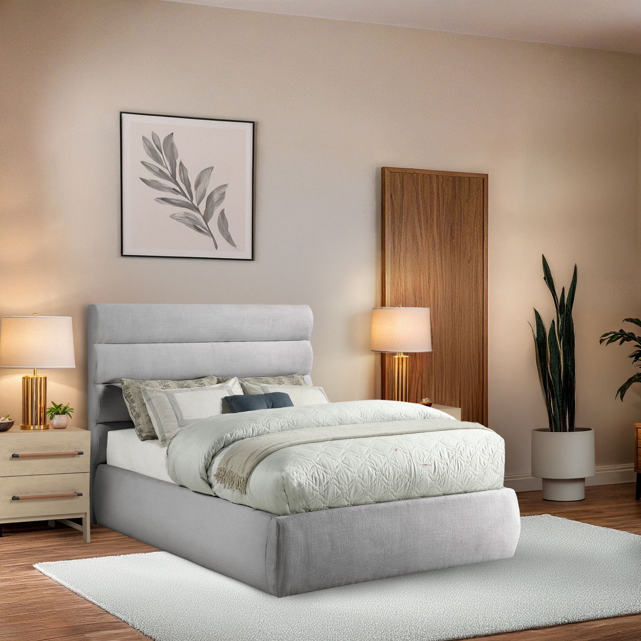 Adam - Linen Fabric Full Bed With 52" Headboard - Gray