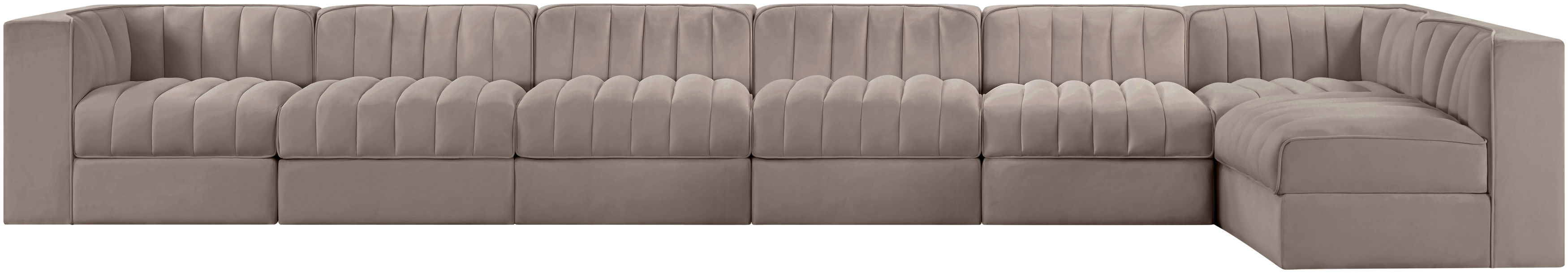 Rummi - Velvet Performance Fabric Upholstered 7 Piece Modular Sectional, L-Shaped (Right) - Taupe