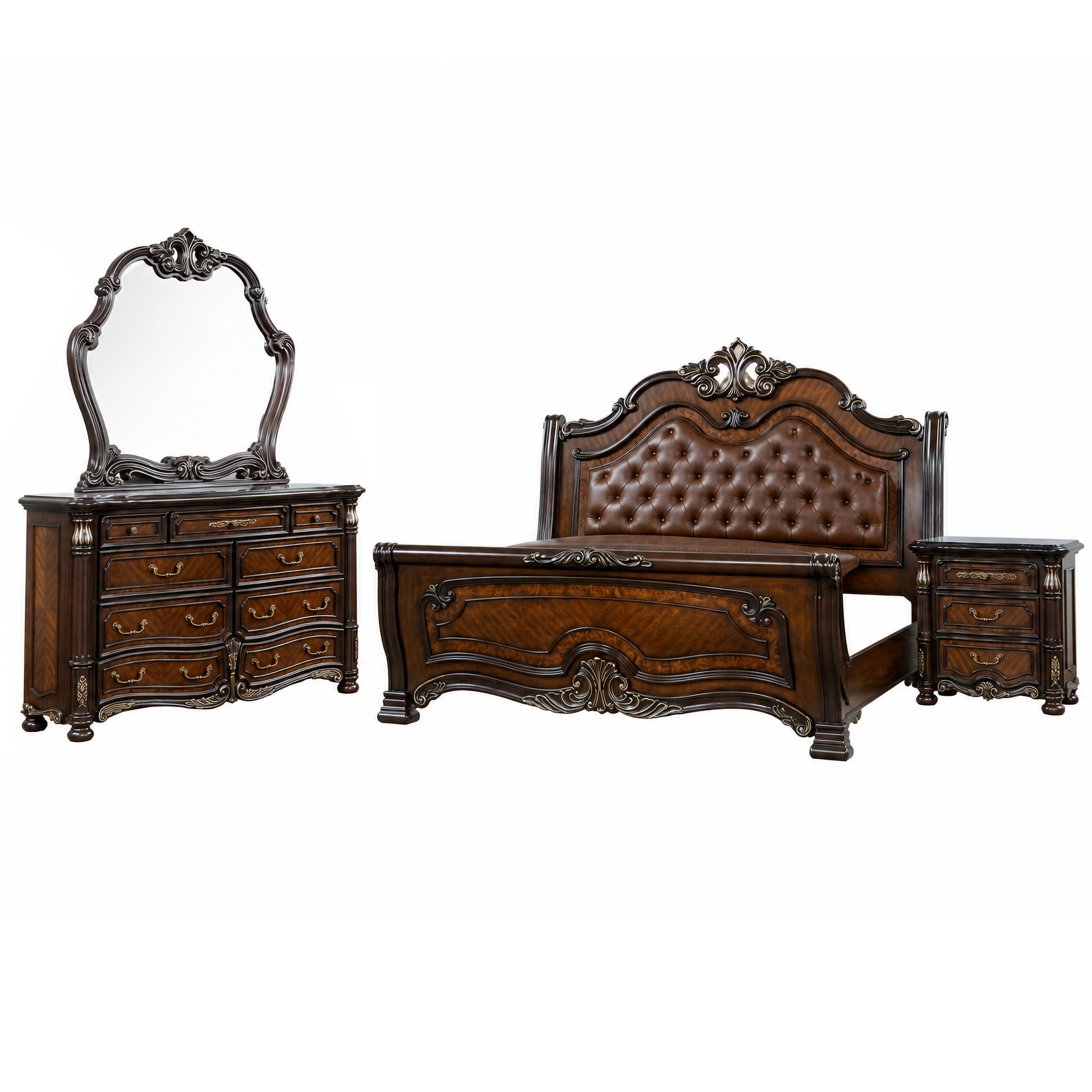 King · 4 Pc · Padded Sleigh Bed, Dresser, Mirror, Nightstand