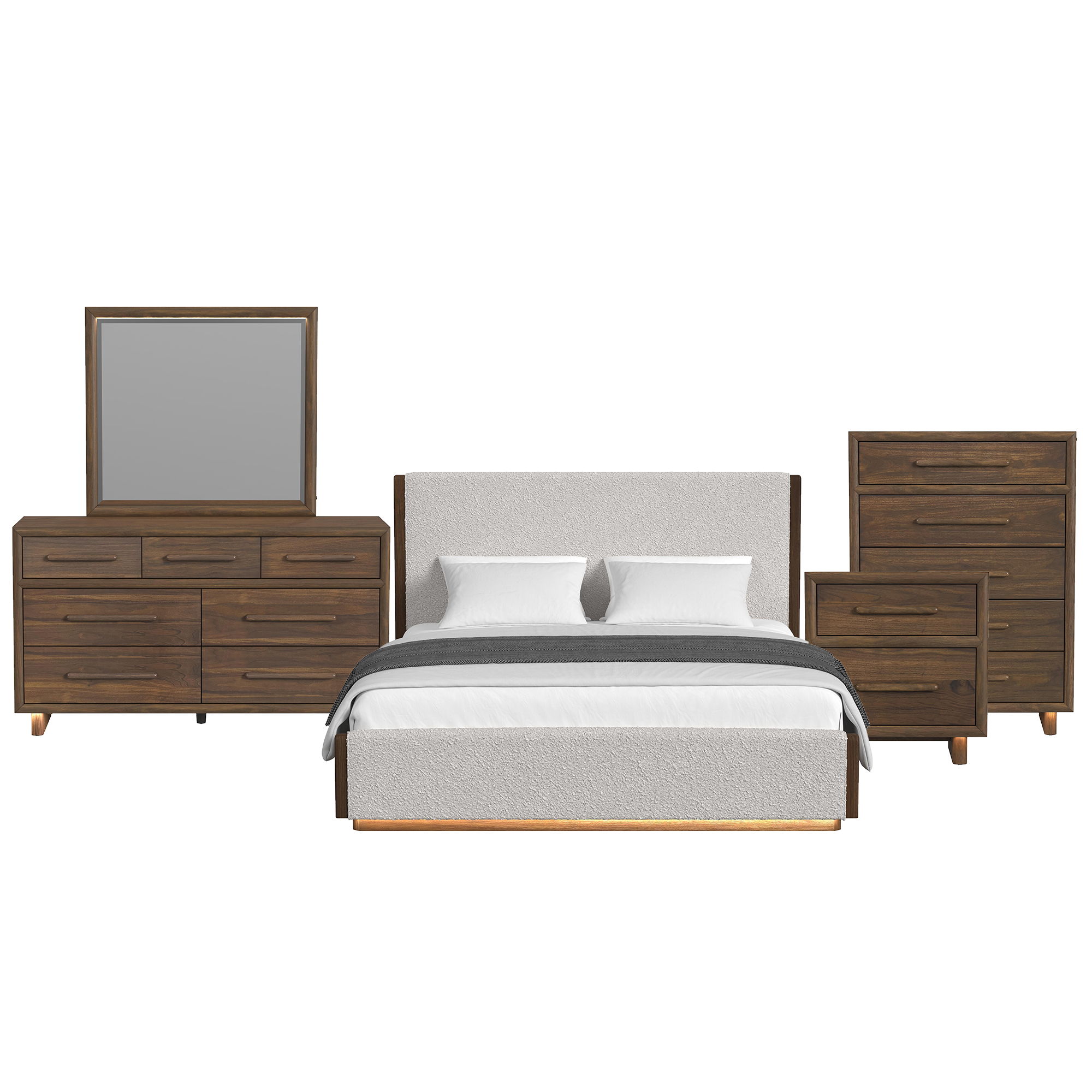 King · 5 Pc · Bedroom Set With Boucle And LED