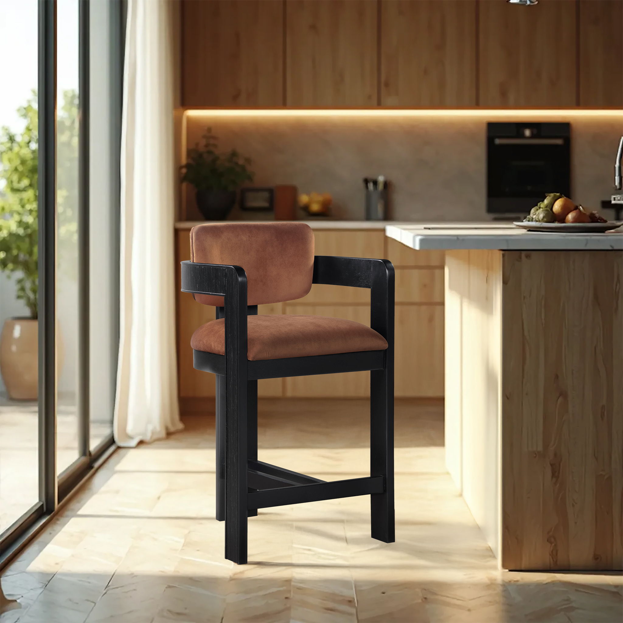 Sacha - Velvet Stool With Black Base - Cognac