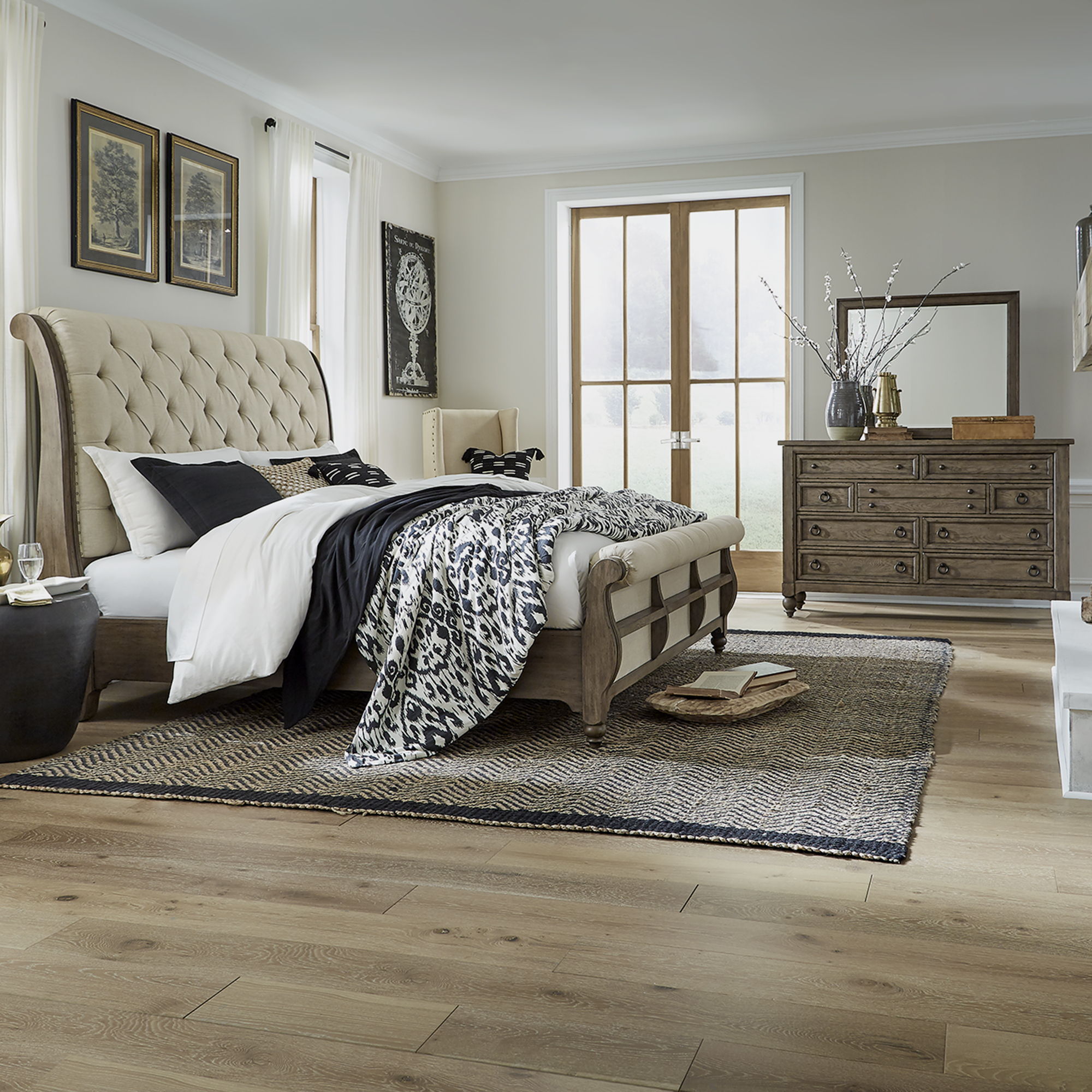 Liberty Furniture Americana Farmhouse - 3 Piece Bedroom Set (Queen Sleigh Bed, Dresser & Mirror) - Light Brown