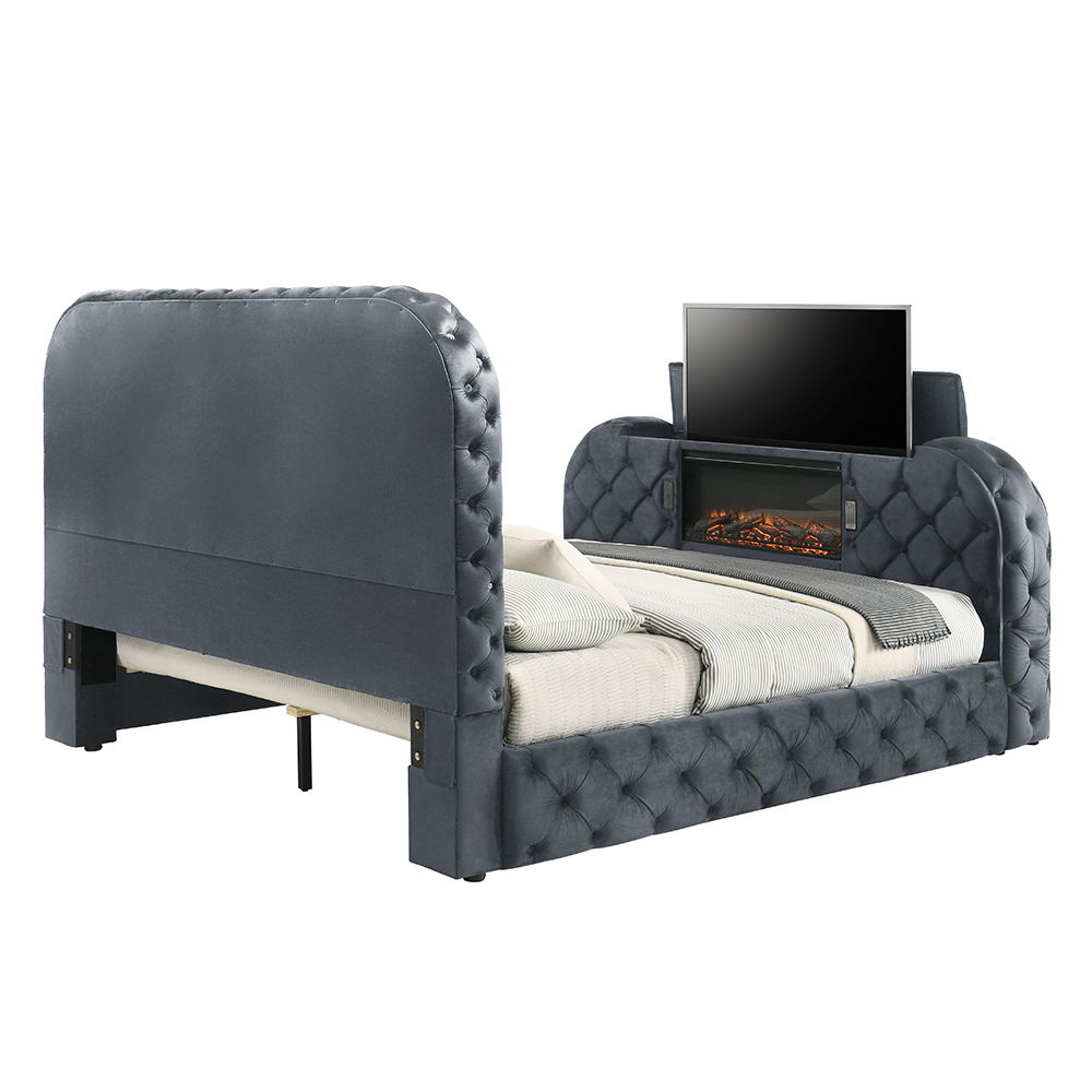 Kana - Queen Bed With LED, Fireplace & TV Stand - Gray Upholstery Velvet, gray, view 7