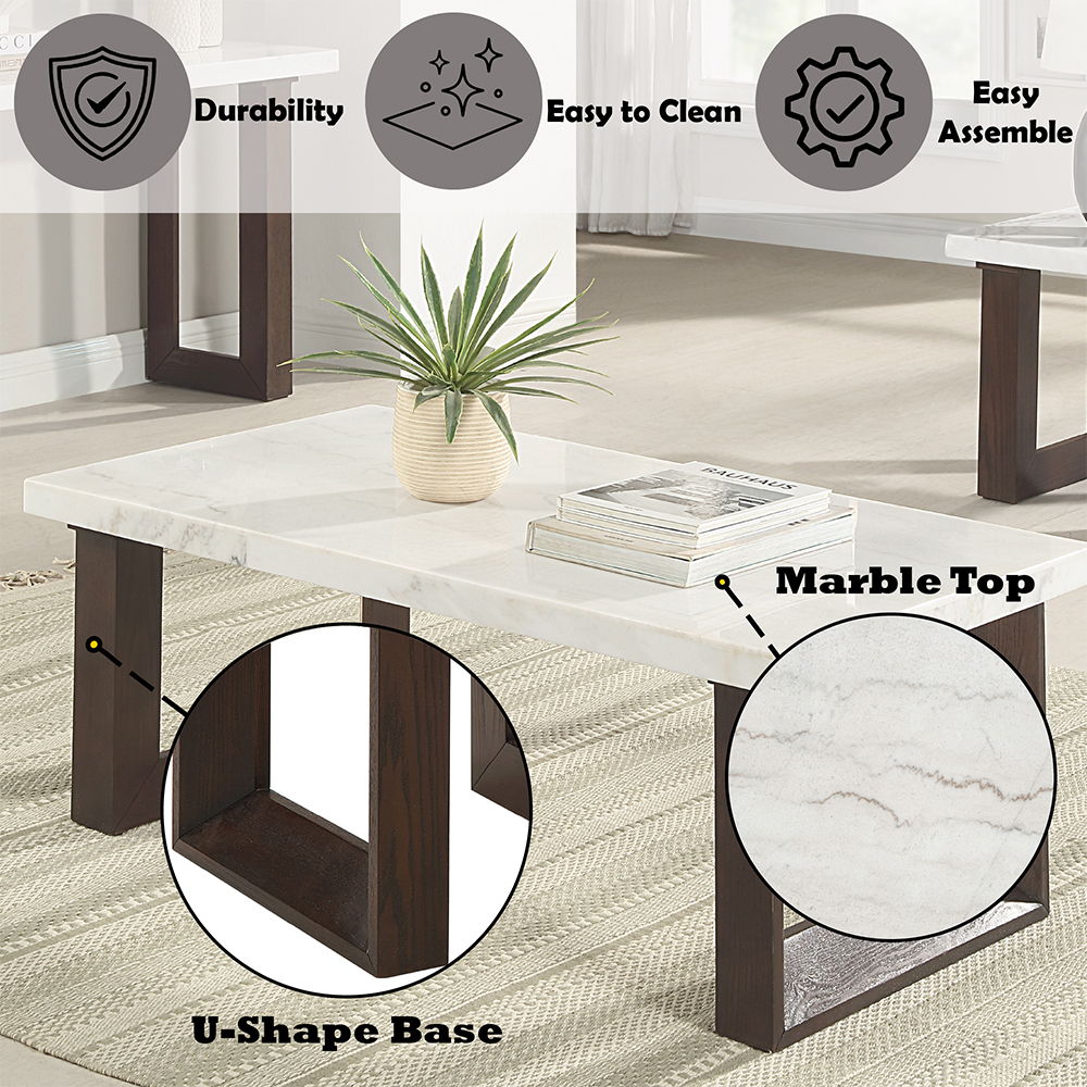 Edwyn - Coffee Table With Marble Top - White Natural Marble Top & Brown, white, view 5