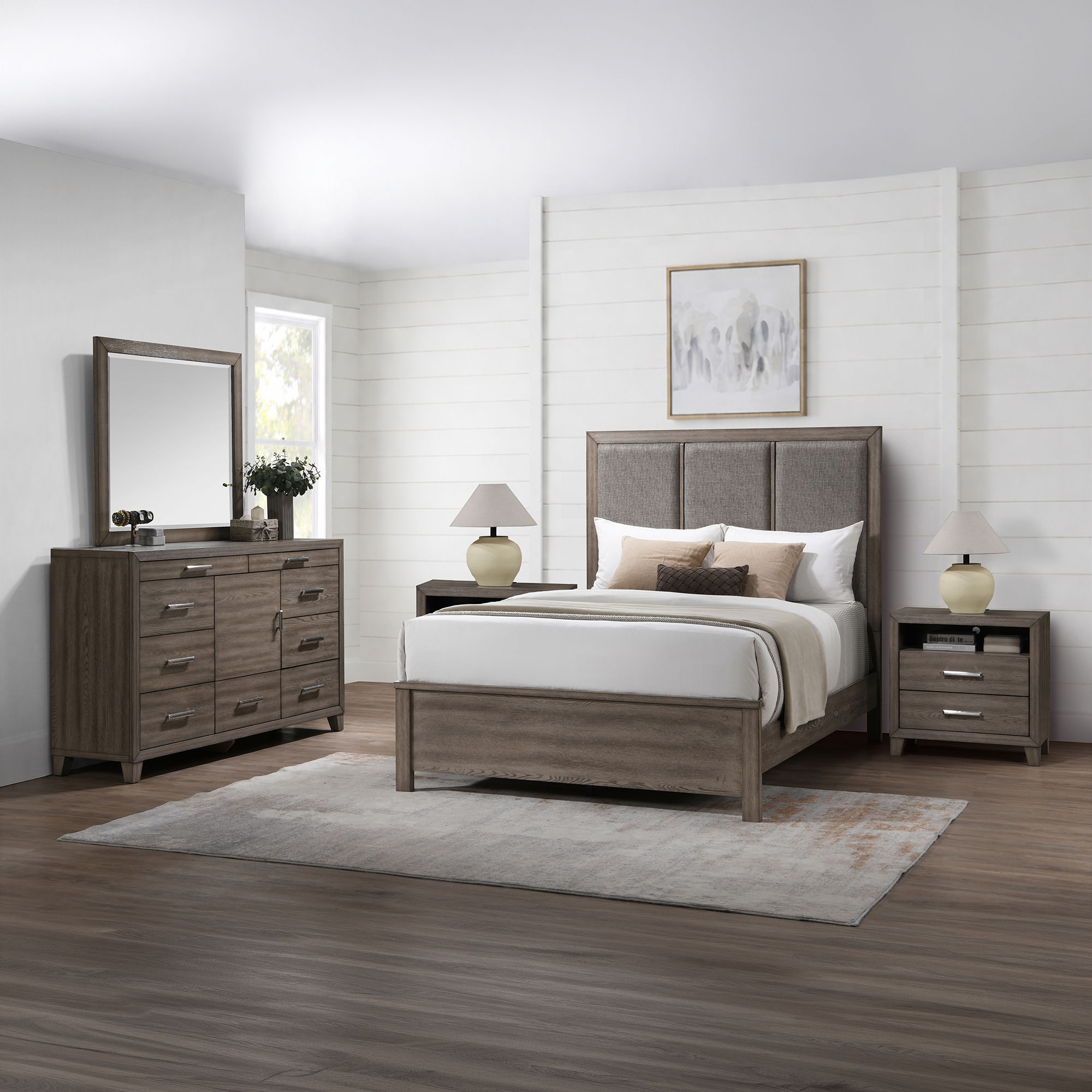 Harrisburg - 5/0 Queen 5 Piece Bedroom Set (Bed, Dresser, Mirror, 2 Nightstands) - Walnut