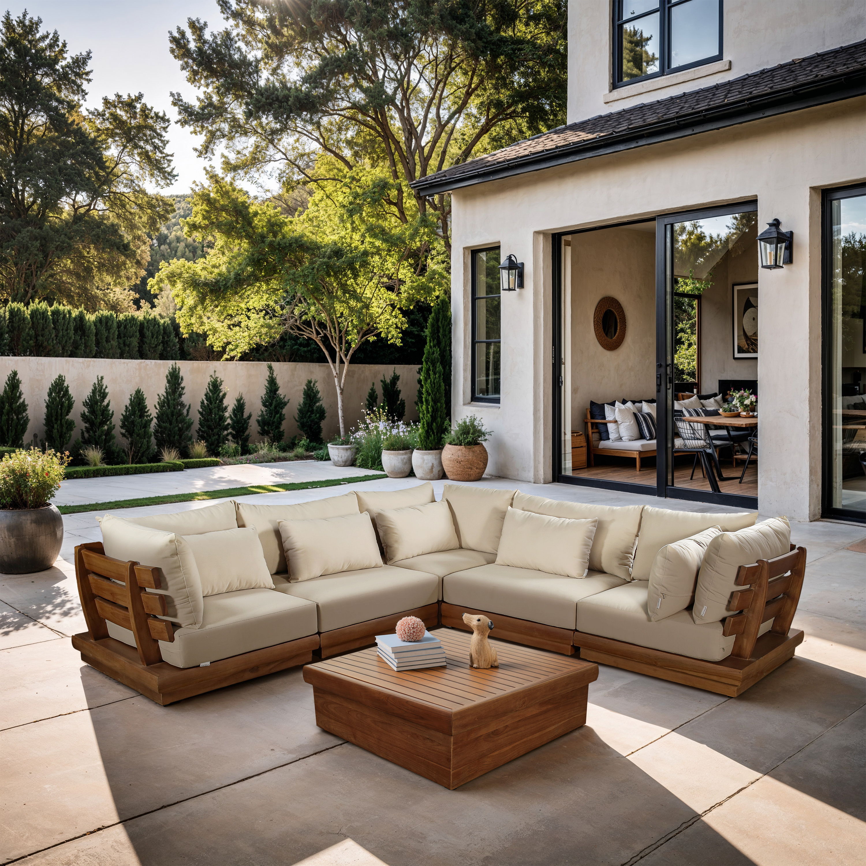Mirella - 5 Piece Water Resistant Fabric 113" Upholstered Outdoor Patio Modular Sectional - Tan