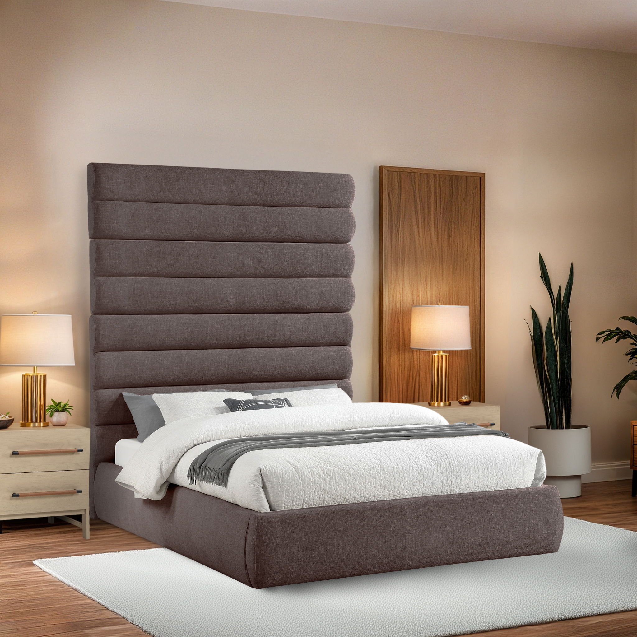 Adam - Linen Fabric Queen Bed With 89" Headboard - Brown