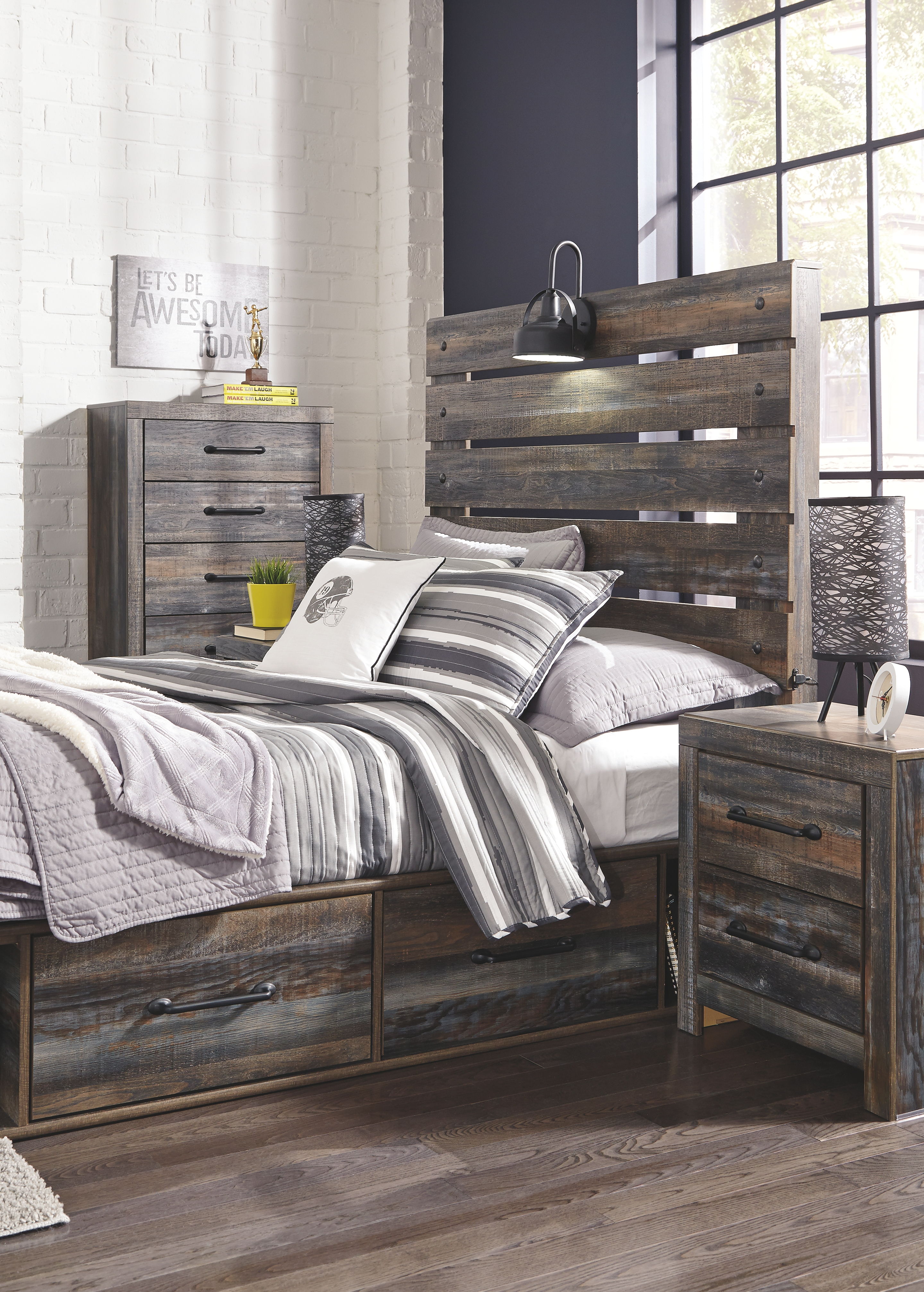 Ashley Furniture Drystan - 8 Pc. - Dresser, Mirror, Full Panel Bed with 2 Side Drawers, 2 Nightstands - Brown / Beige - Image 5