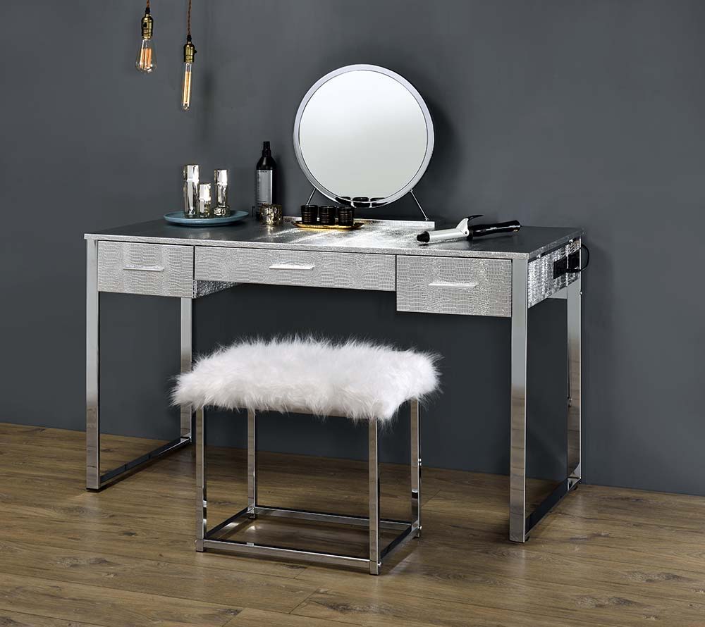 Myles - Vanity Set With USB - Antique White & Chrome, silver
