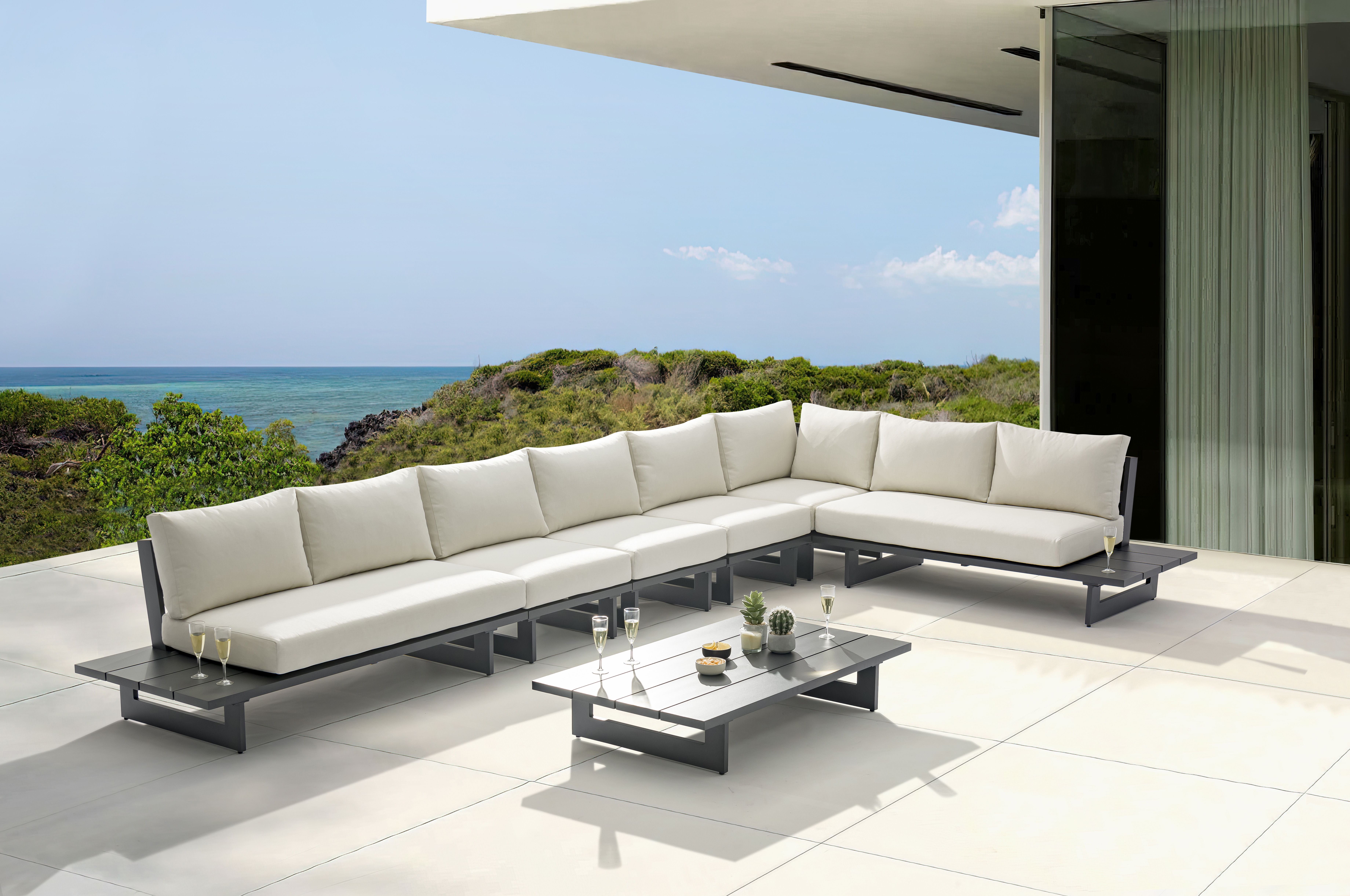Maldives - 6 Piece Water Resistant Outdoor Patio Modular Right Arm Facing Sectional With Gray Base - Cream