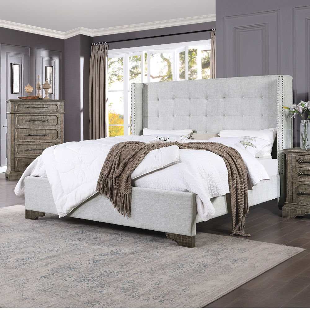 Artesia - Queen Bed - Tan Fabric & Salvaged Natural, light gray