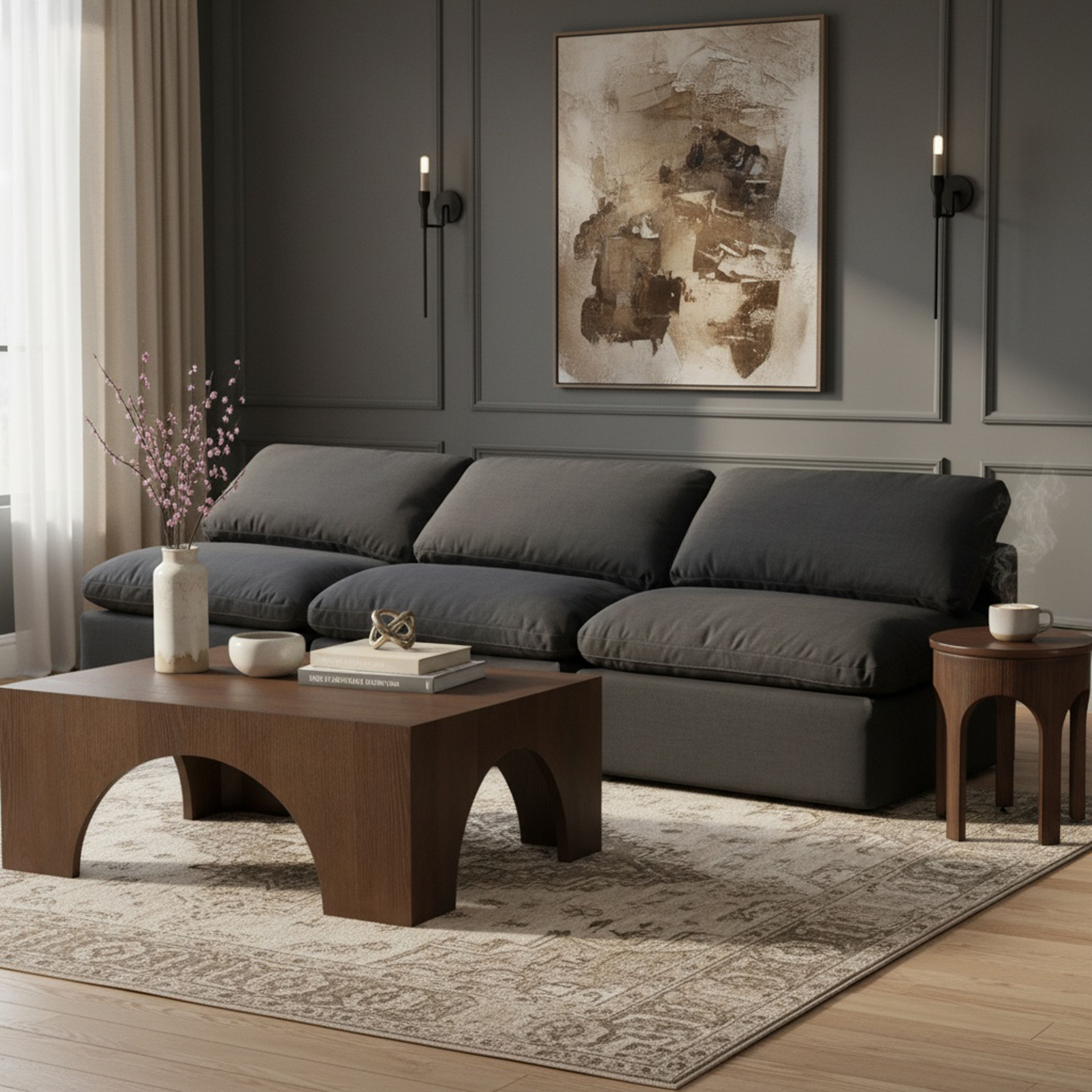 Indulge - Linen 3 Piece Modular Armless Sofa - Charcoal