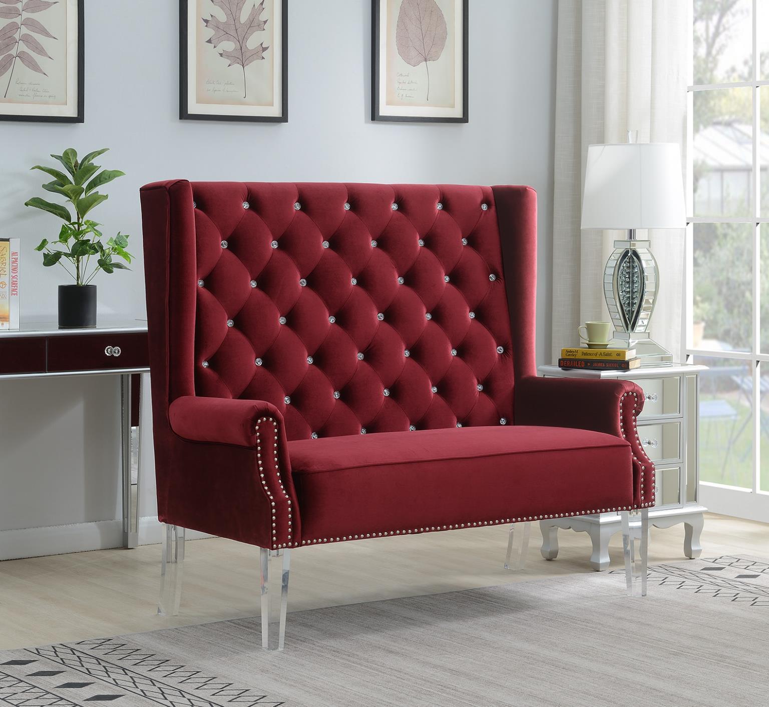 D2095 - High Back Velvet Wing Bench With Acrylic Legs - Burgundy