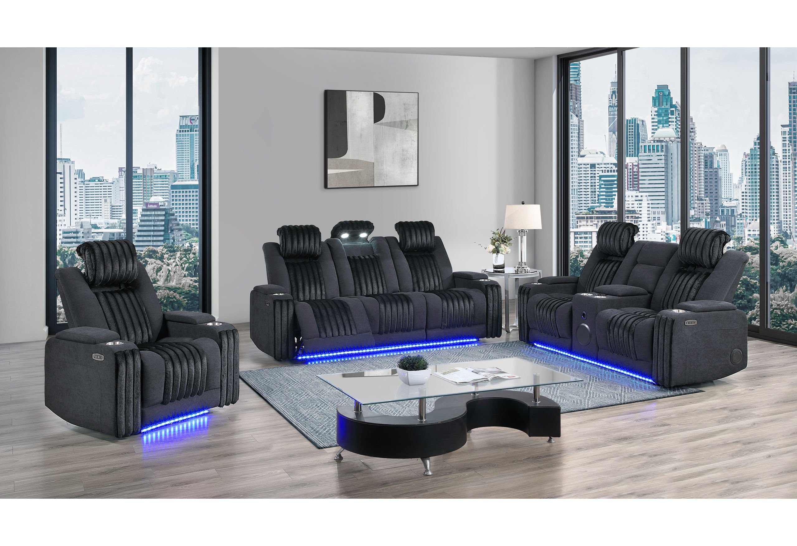 U8000 - 3 Piece Living Room Set (Power Console Reclining Loveseat, Power Reclining Sofa/ Power Recliner With Power Headrest) - Black
