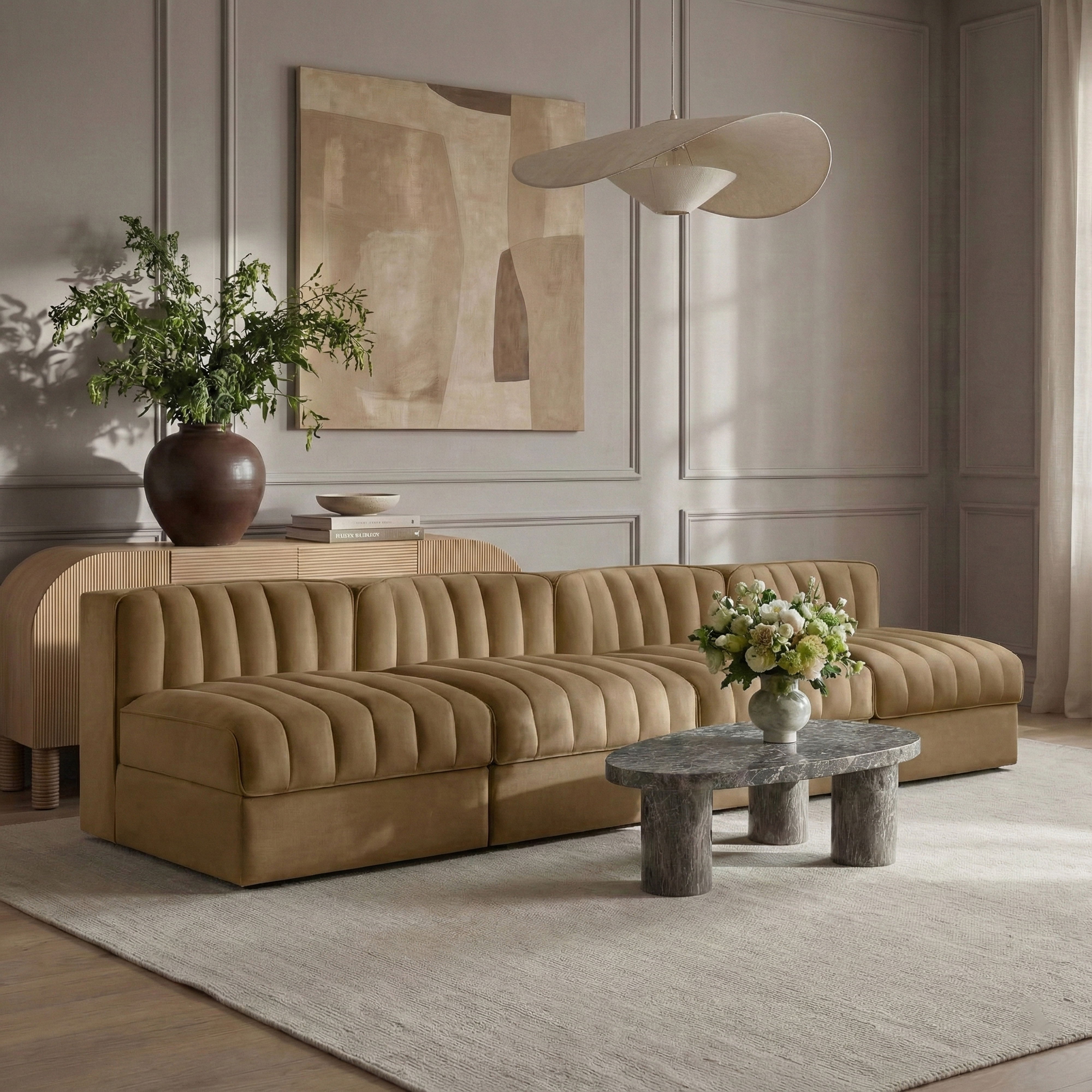 Rummi - Armless Velvet Performance Fabric Upholstered 4 Piece Modular Sofa - Saddle