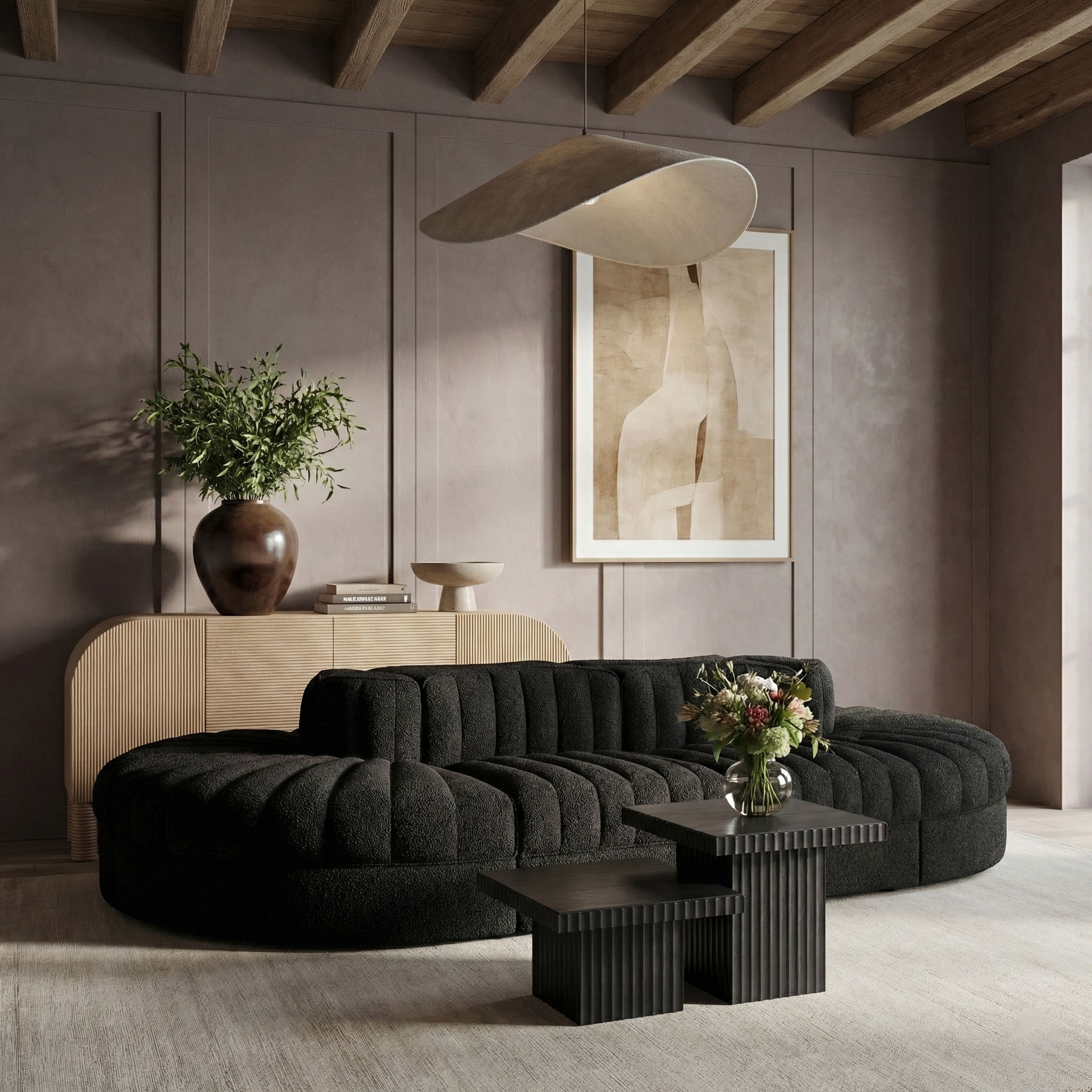 Rummi - Oval Velvet Performance Fabric Upholstered 8 Piece Modular Sectional - Black
