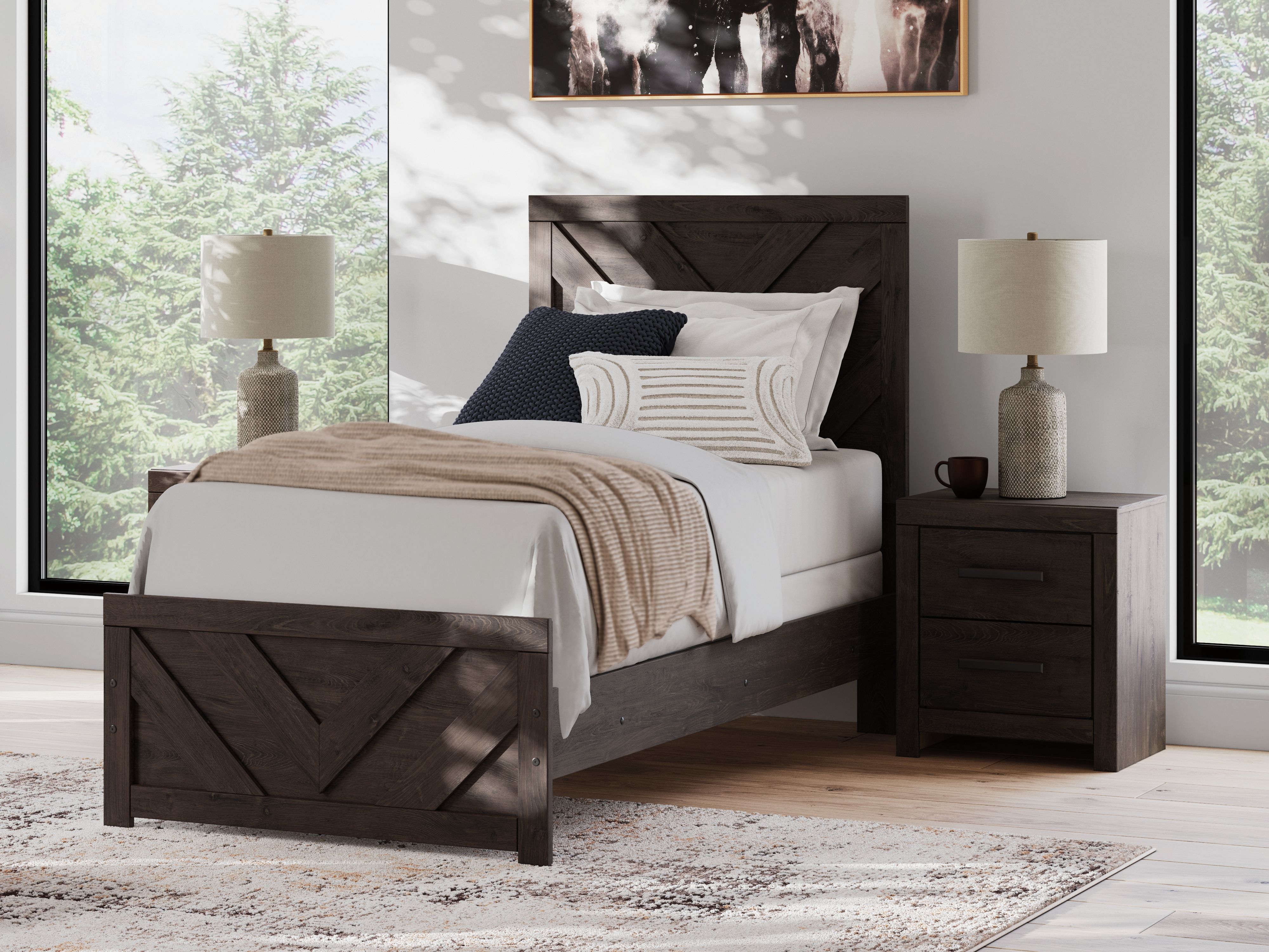 Ashley Furniture Prendonea - 6 Pc. - Dresser, Mirror, Twin Panel Bed, 2 Nightstands - Charcoal - Image 5