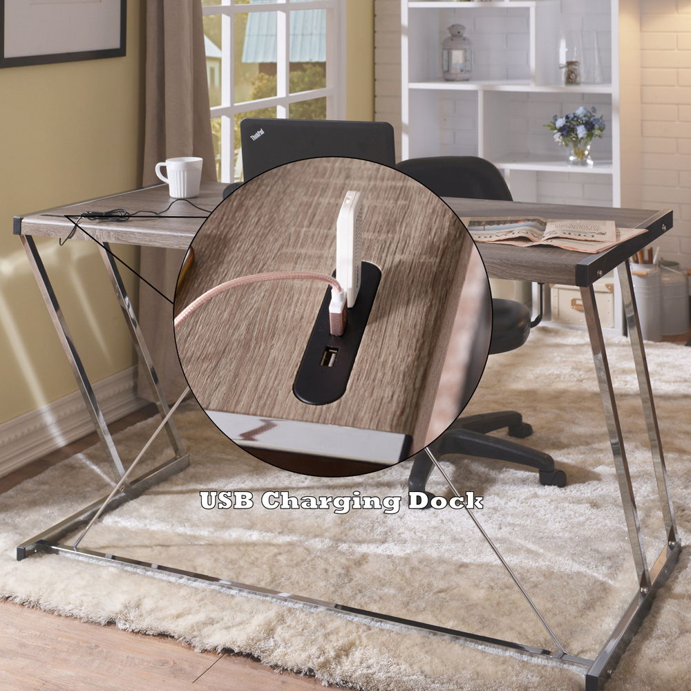 Finis - Writing Desk With USB - Weathered Oak & Chrome, silver, view 7