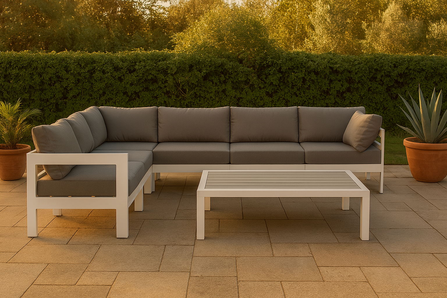 Nizuc - Outdoor Patio 7 Piece Modular Corner Sectional With White Frame - Gray