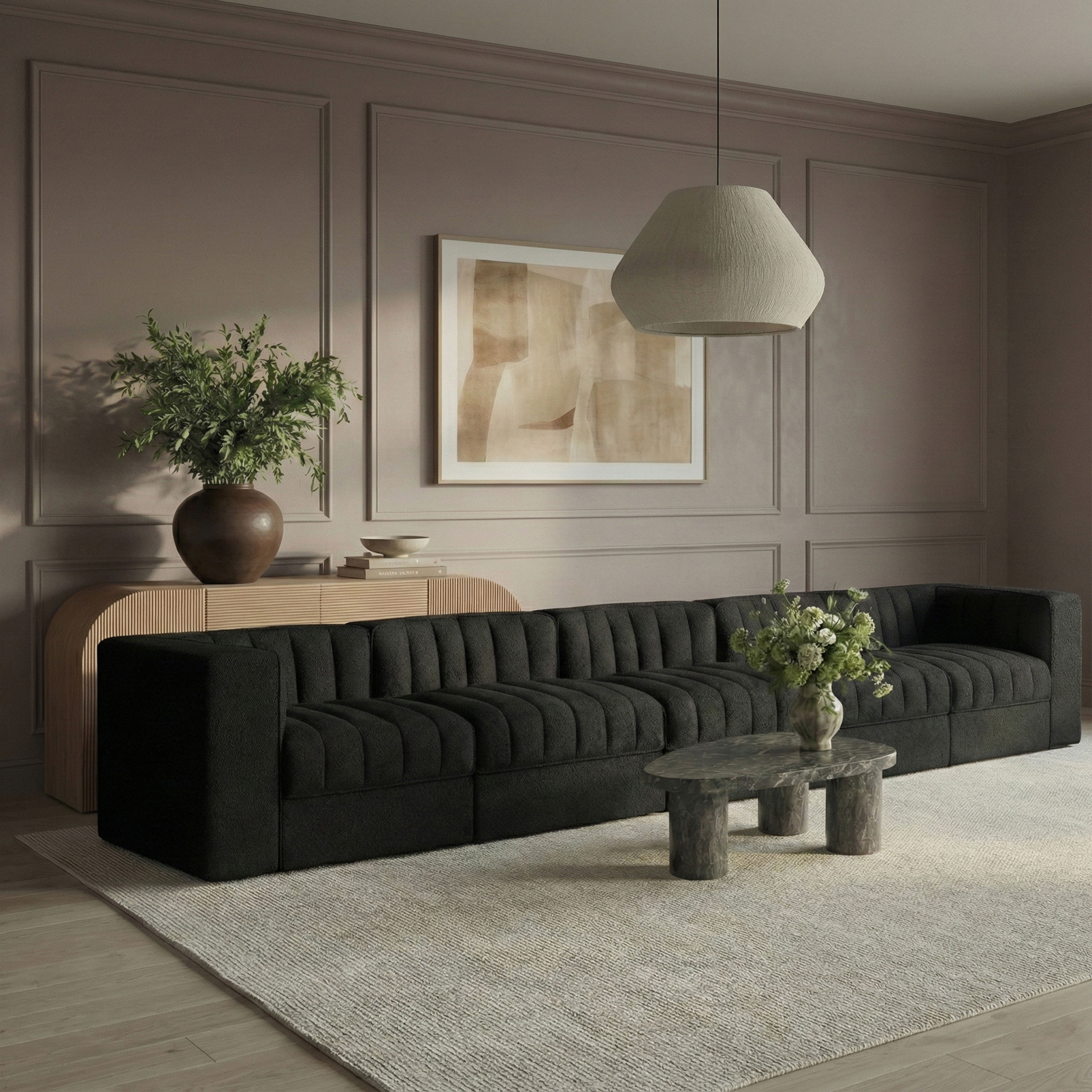 Rummi - Velvet Performance Fabric Upholstered 5 Piece Modular Sofa - Black