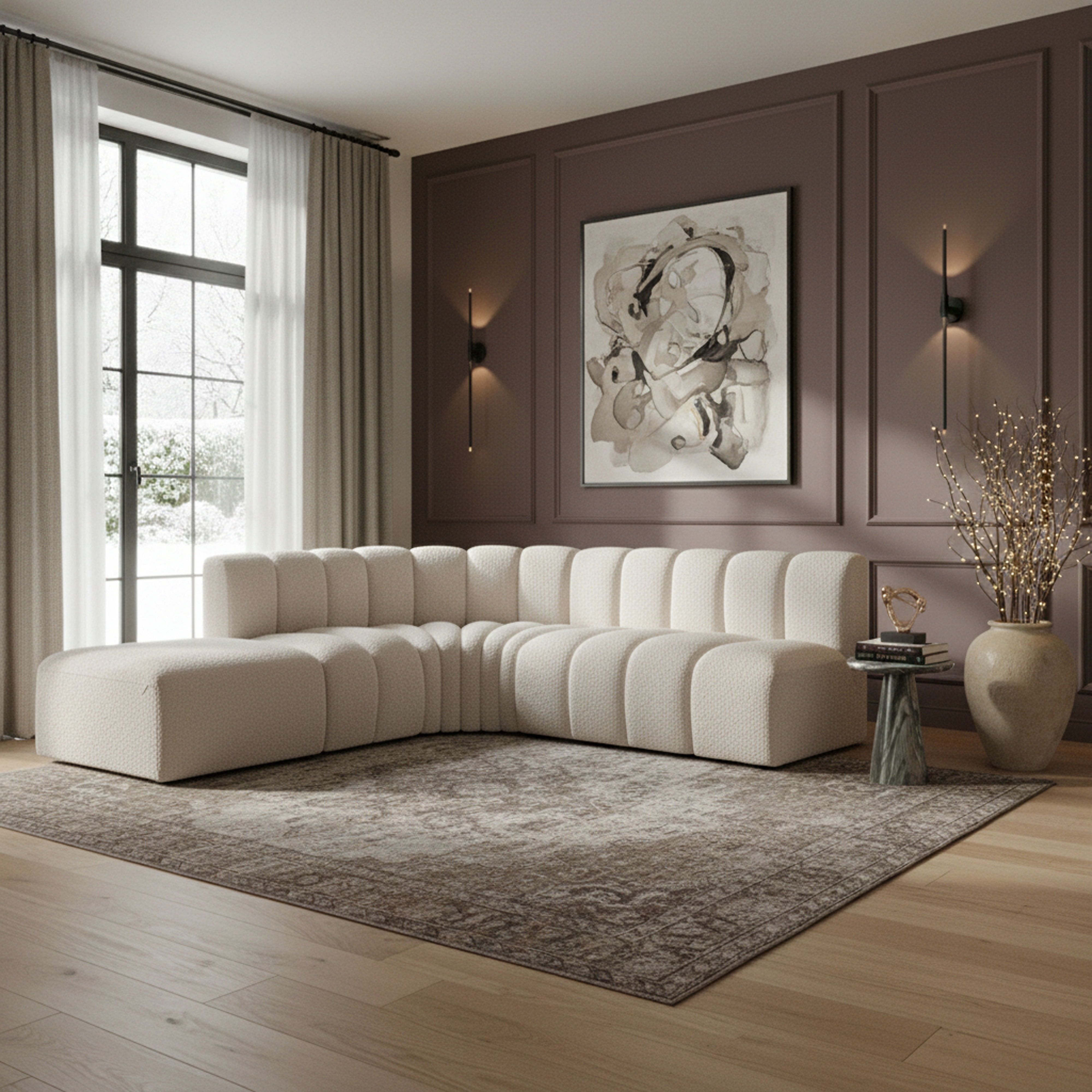 Arc - Boucle Fabric 5 Piece Corner Modular Sofa - Cream