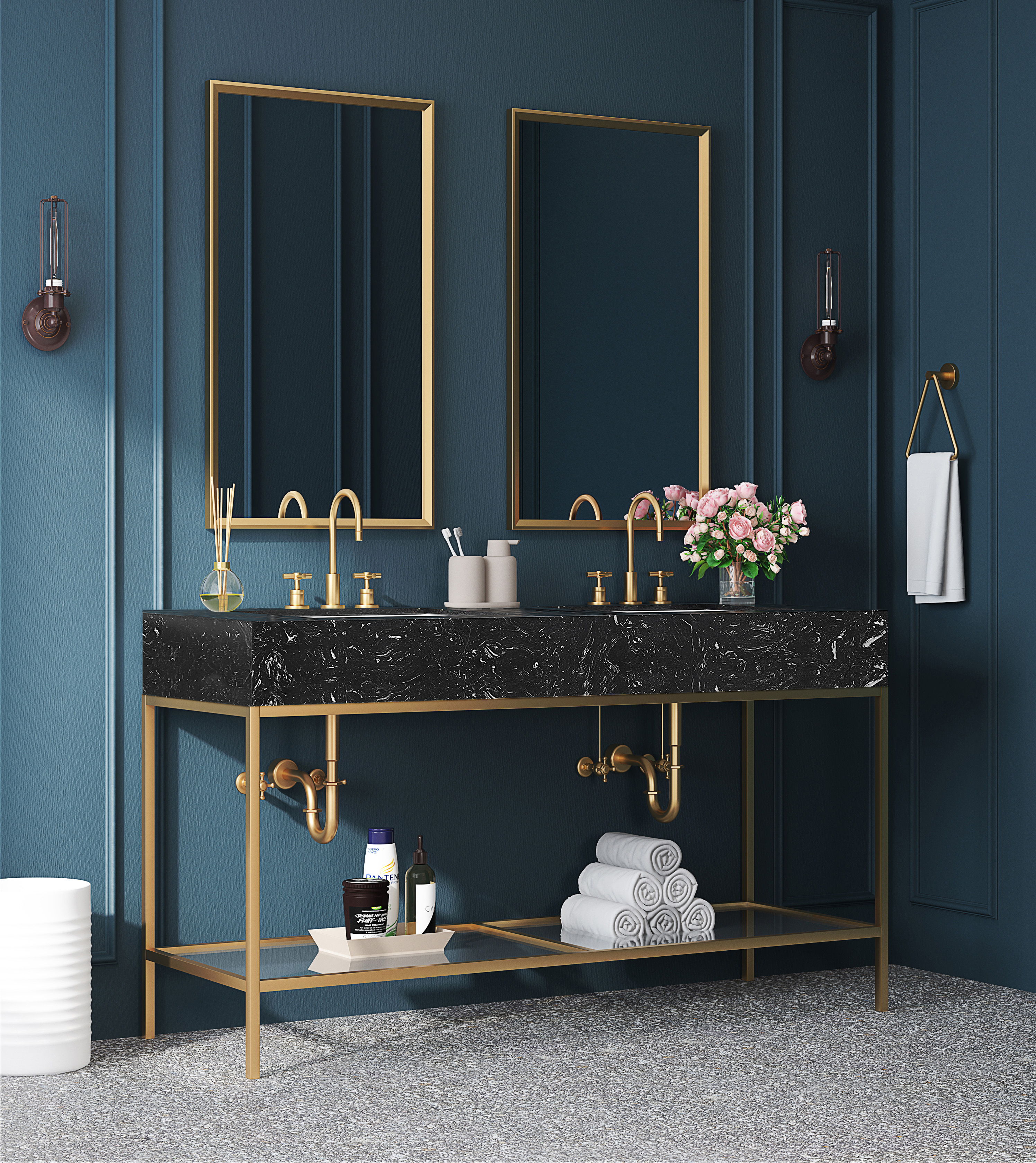 Marmo - 60" Engineered Marble Bathroom Vanity With Gold Base - Black