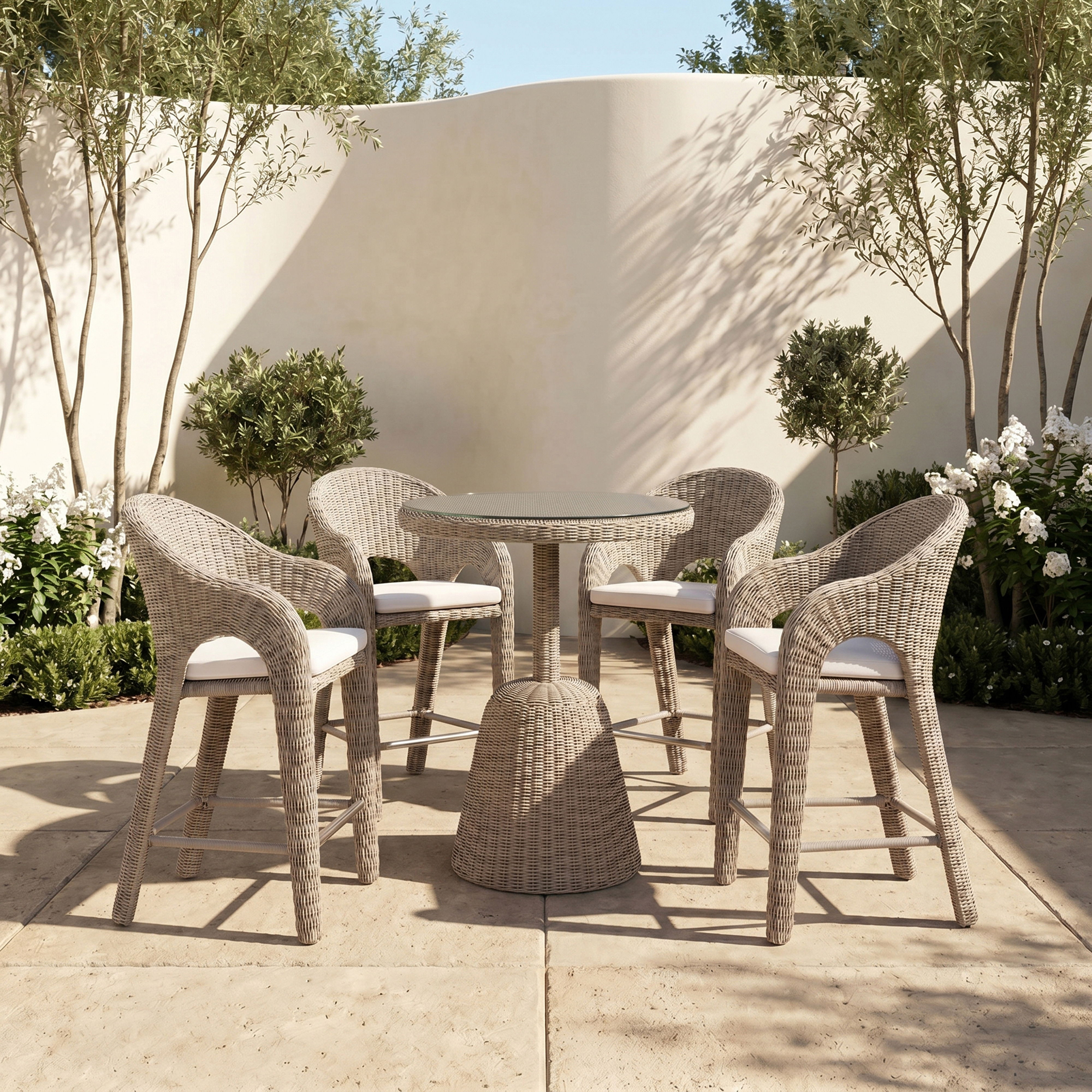 Seacrest - 36" Tempered Glass Top And Wicker Outdoor Patio Counter Height Table - Taupe