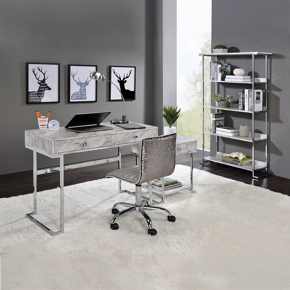 Tigress - Writing Desk - White Printed Faux Marble Top & Chrome, white, view 4