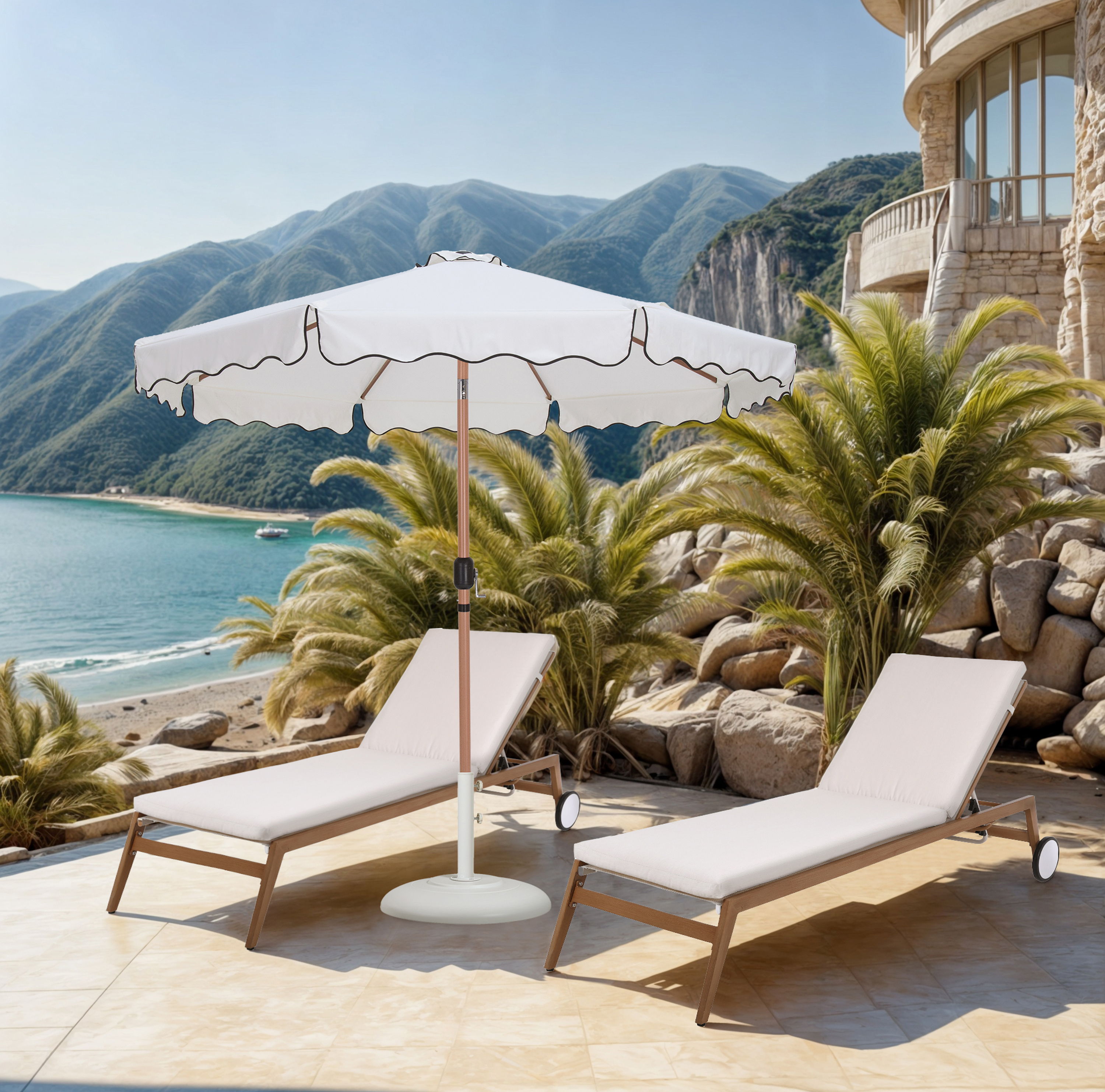 Amalfi - With Black Piping / Teak Aluminum Patio Umbrella With Base - White