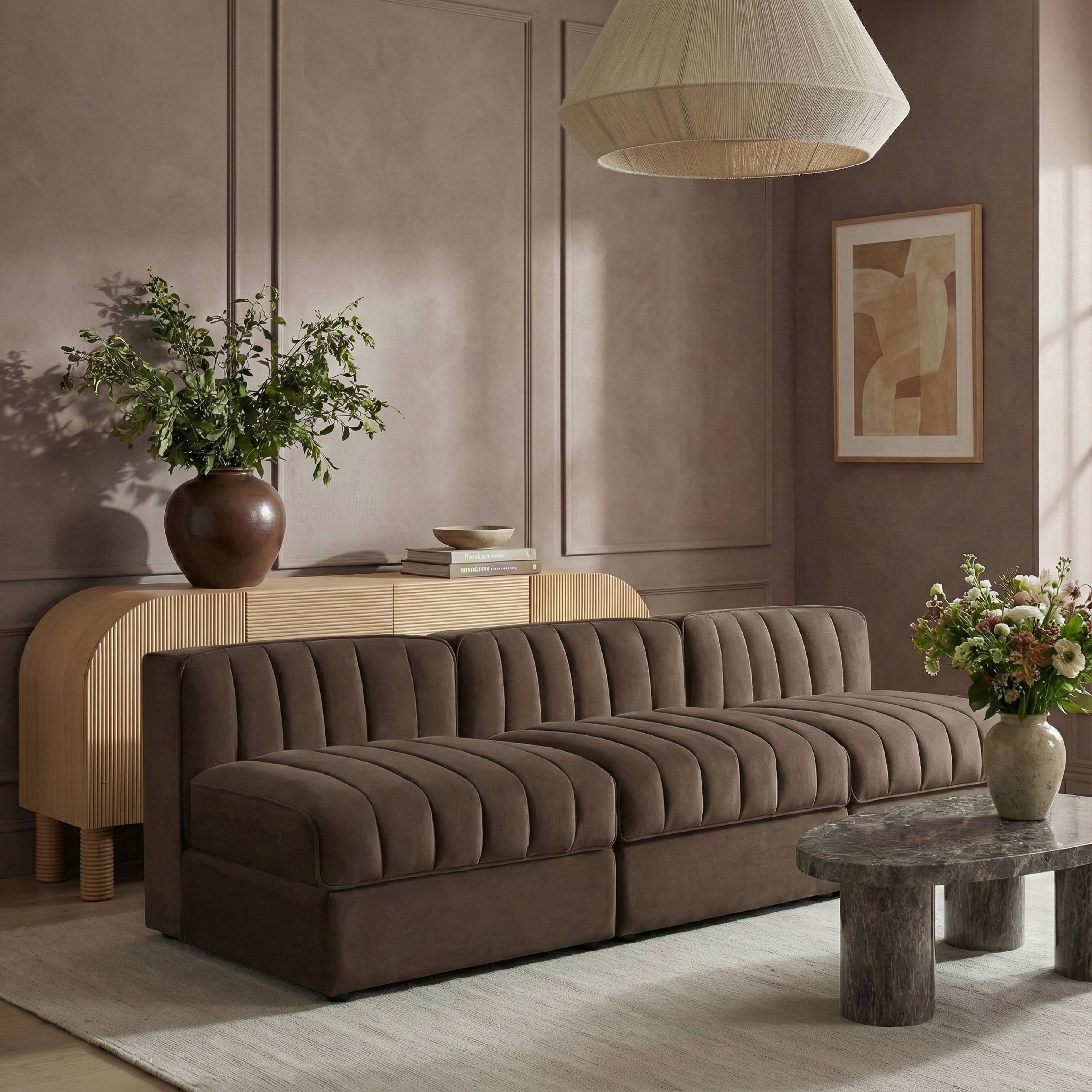 Rummi - Velvet Performance Fabric Upholstered 3 Piece Modular Armless Sofa - Brown