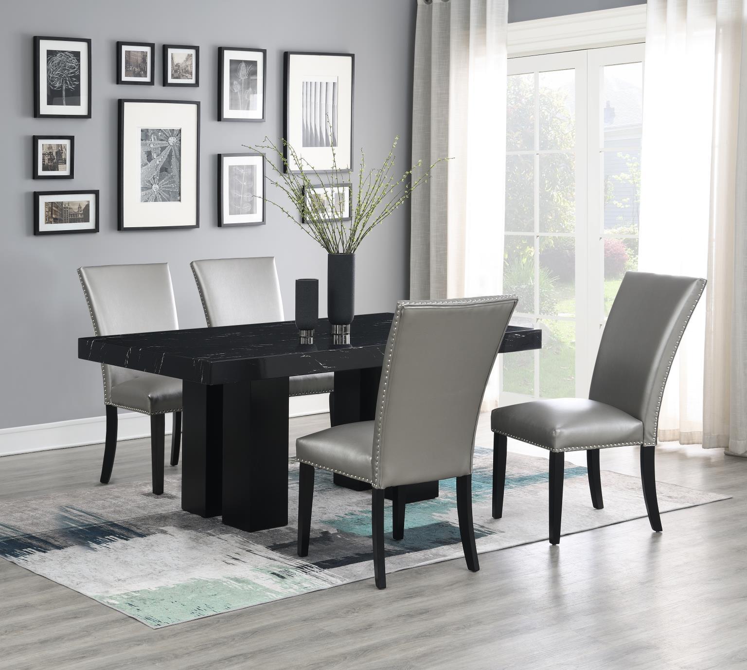 D133 - 5 Piece Dining Room Set (Table, 4 Leather Chairs) - Silver