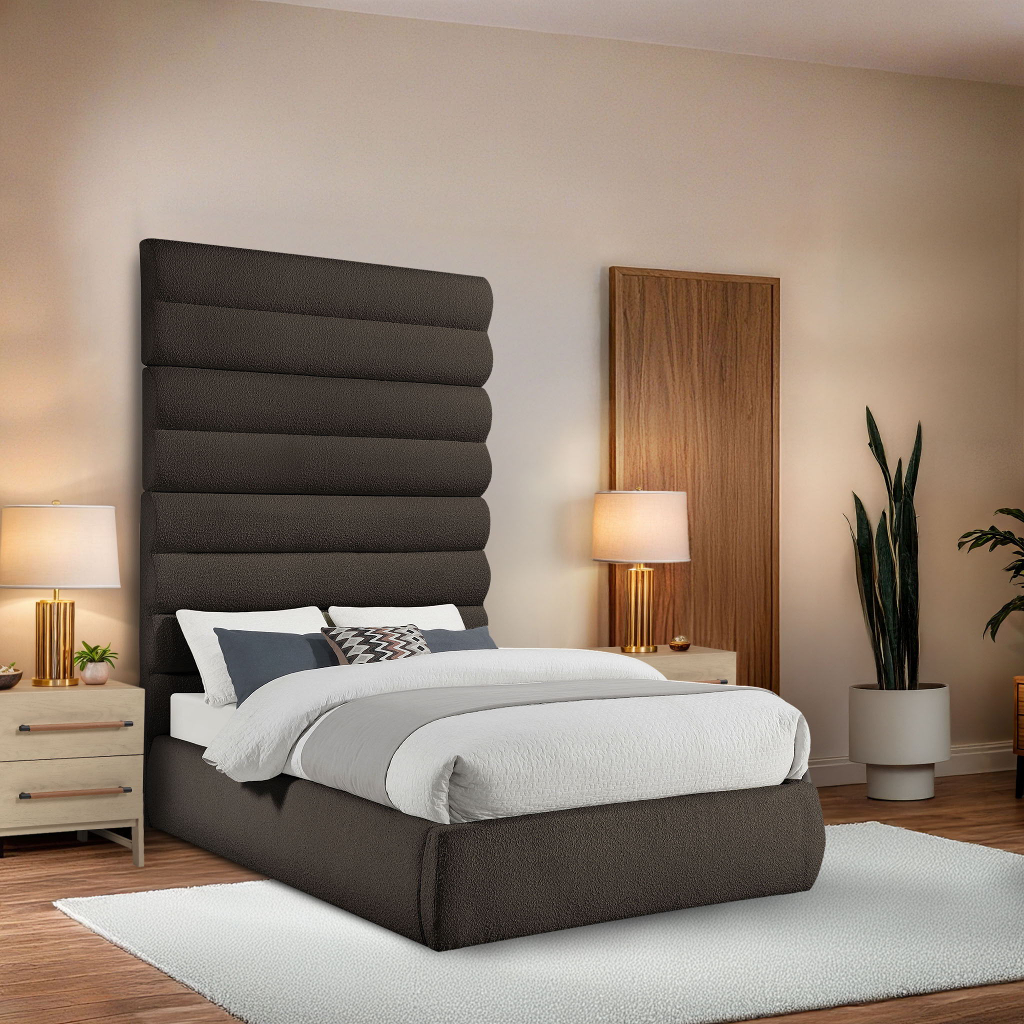 Adam - Boucle Fabric Full Bed With 89" Headboard - Dark Brown