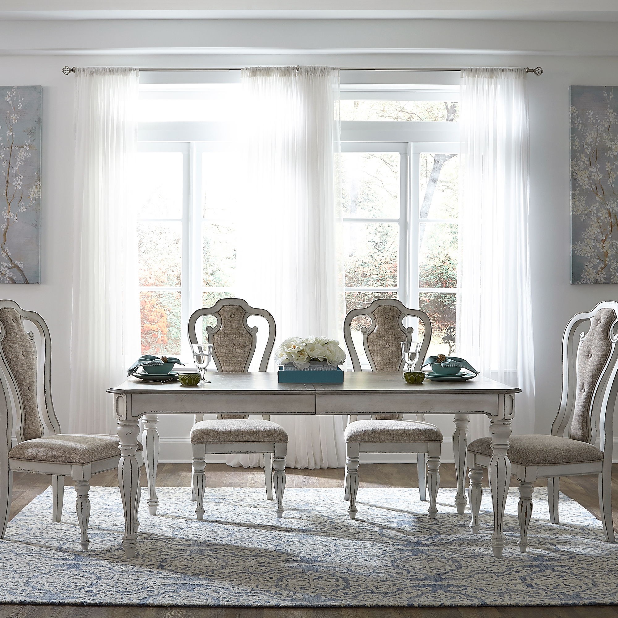 Liberty Furniture Magnolia Manor - 5 Piece Leg Table Set - White - Upholstered Chairs