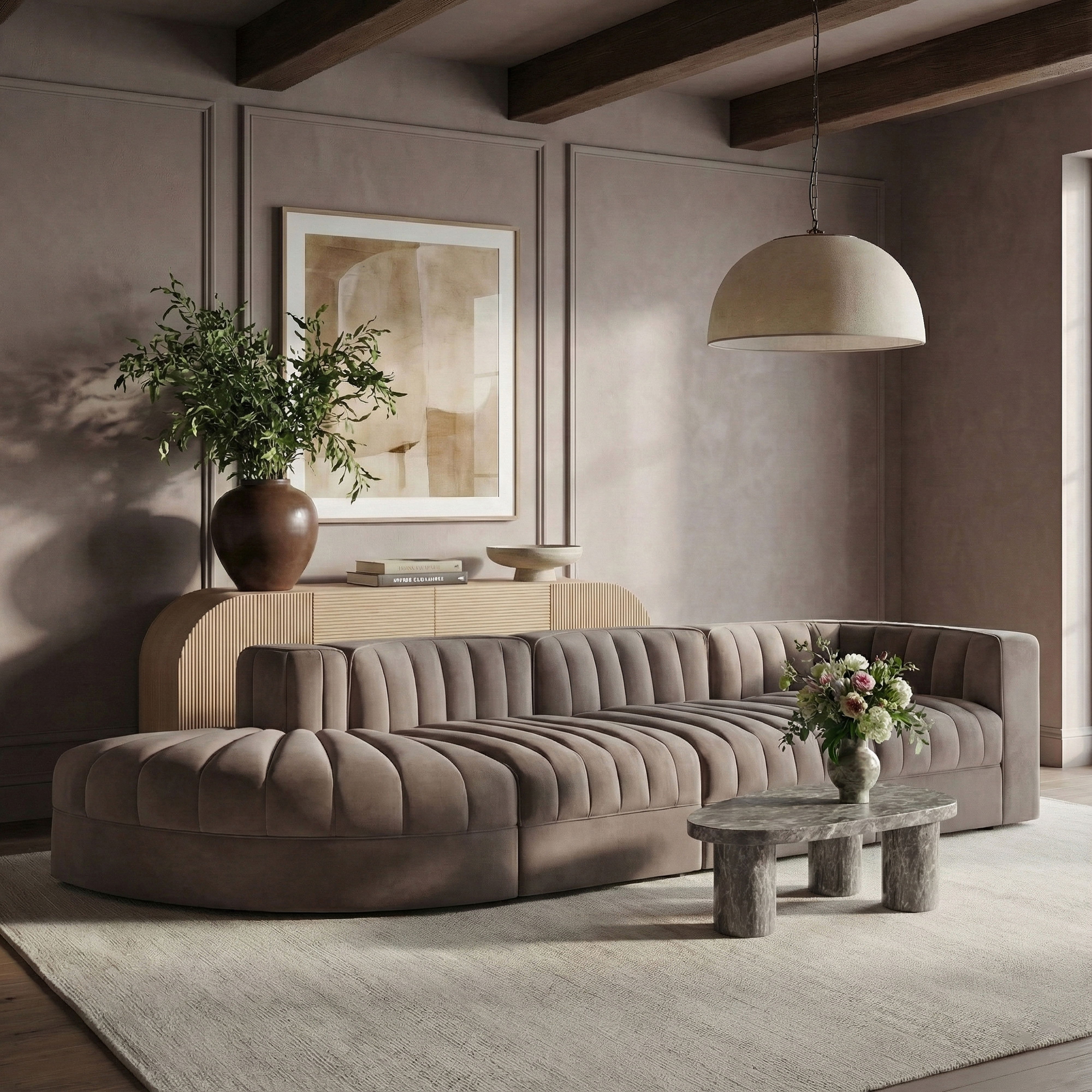 Rummi - Velvet Performance Fabric Upholstered 4 Piece Modular Sectional With Reverse Corner Chair - Taupe
