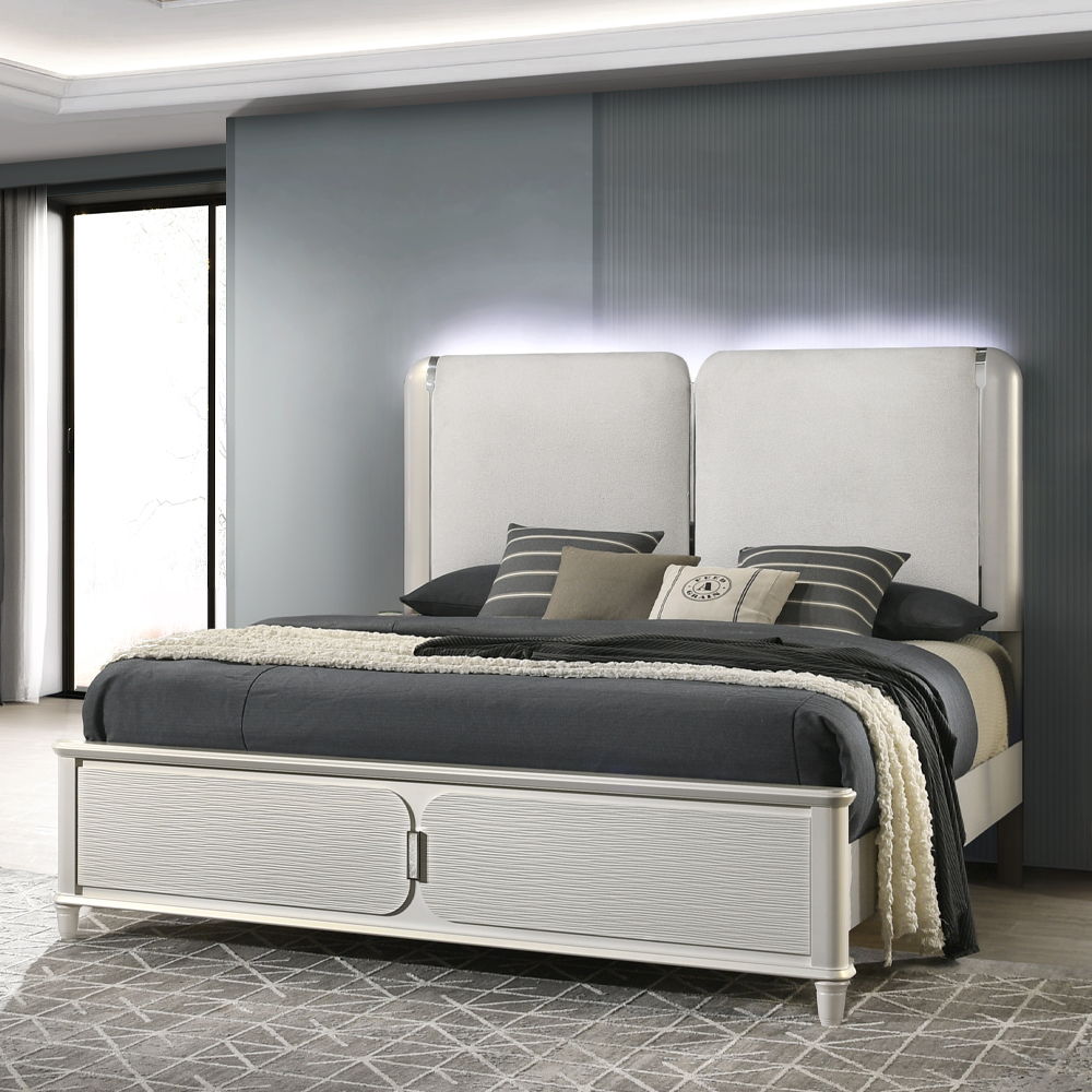 Laveda - Queen Bed With LED - Light Gray Boucle & Pearl White, white