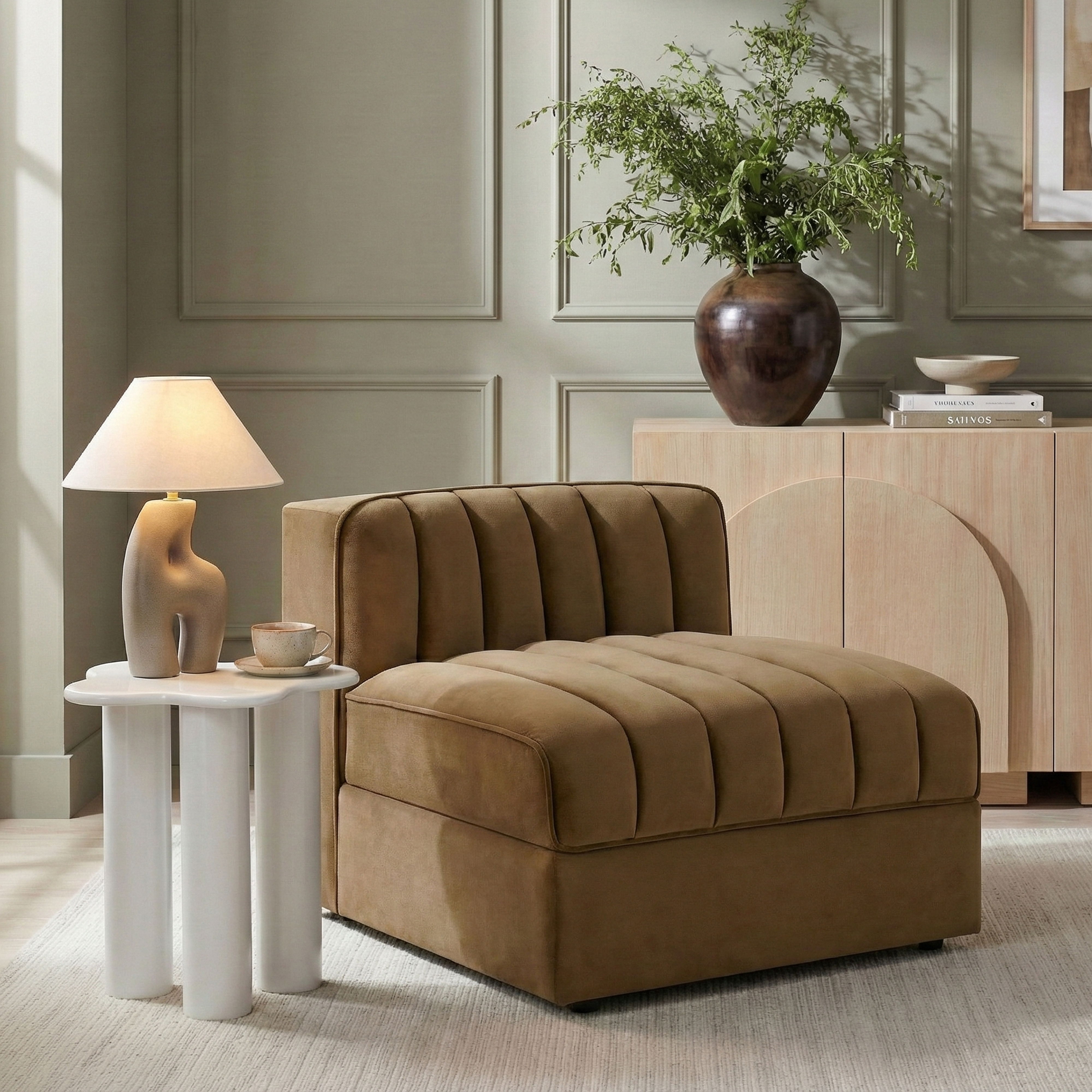 Rummi - Velvet Performance Fabric Upholstered Modular Armless Chair - Saddle
