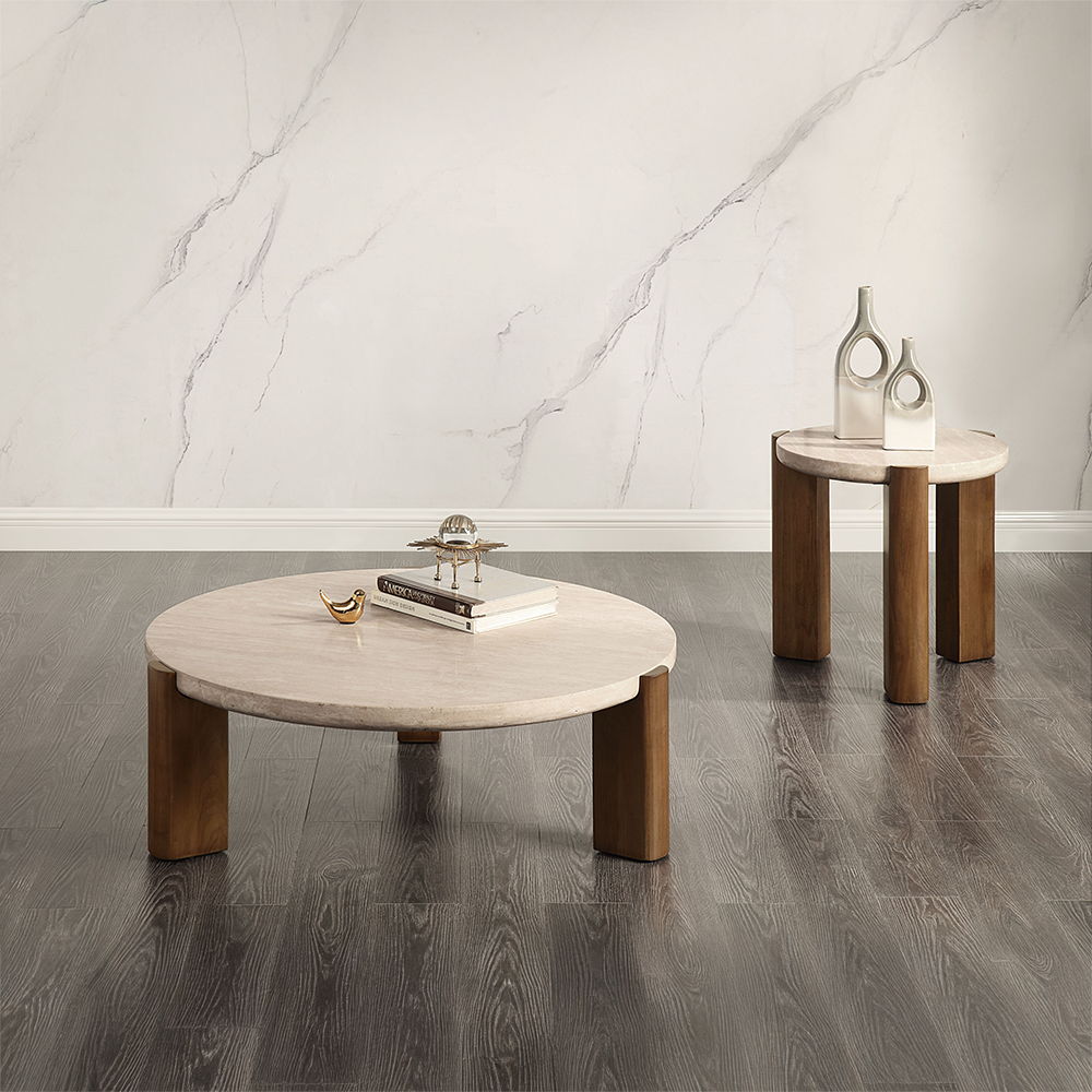 Leonardo - End Table - Travertine Top & Dark Oak, dark brown, view 3