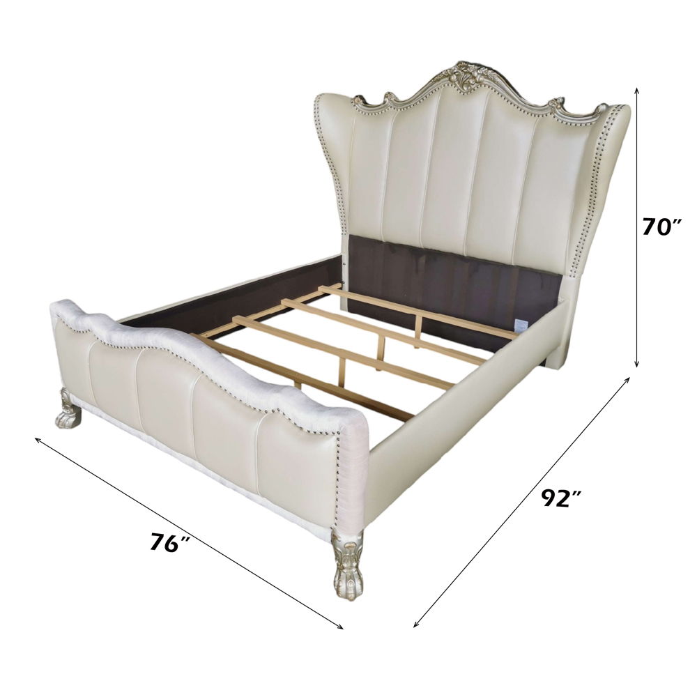 Dresden II - Queen Bed - Pearl White Synthetic Leather & Gold Patina, white, view 3