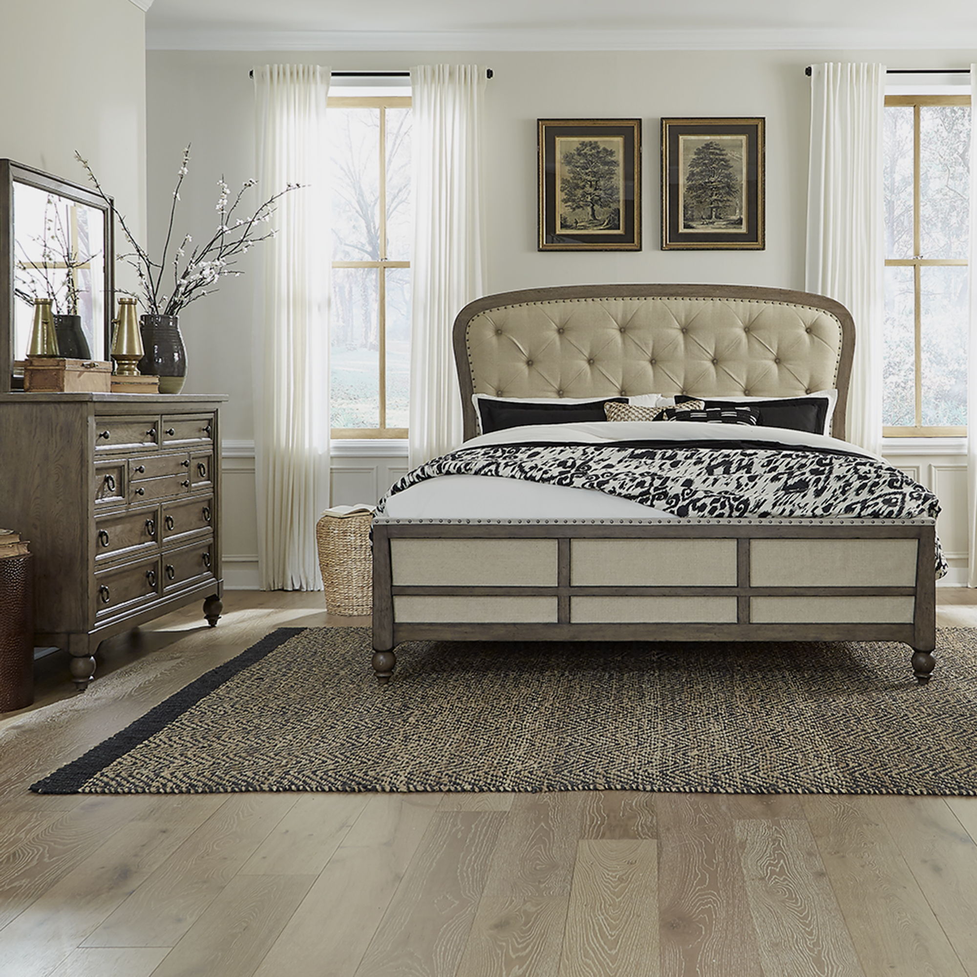 Liberty Furniture Americana Farmhouse - 3 Piece Bedroom Set (Queen Shelter Bed, Dresser & Mirror) - Light Brown