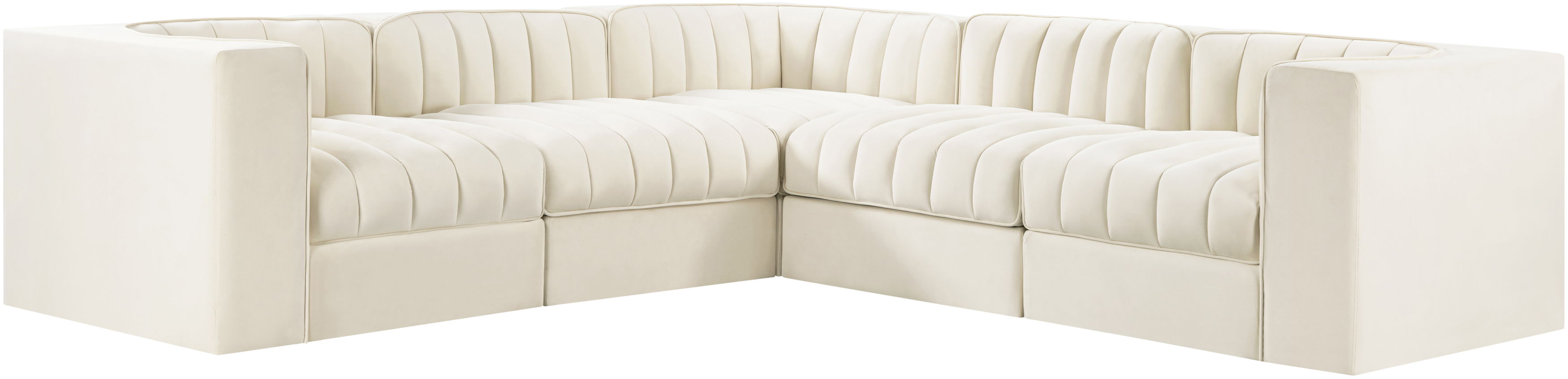 Rummi - Velvet Performance Fabric Upholstered 5 Piece Modular Sectional (With 3 Corner Chairs) - Cream