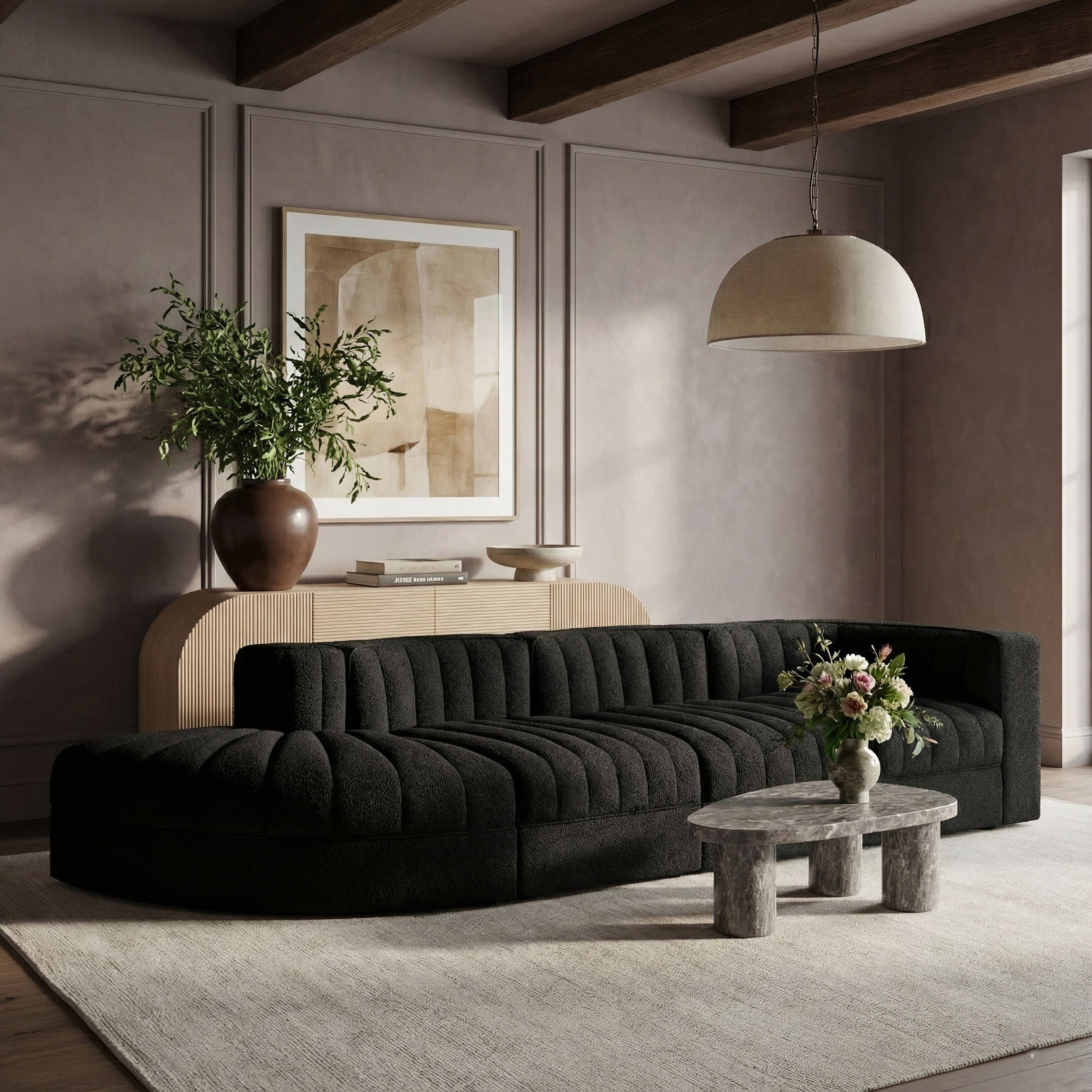 Rummi - Velvet Performance Fabric Upholstered 4 Piece Modular Sectional With Reverse Corner Chair - Black