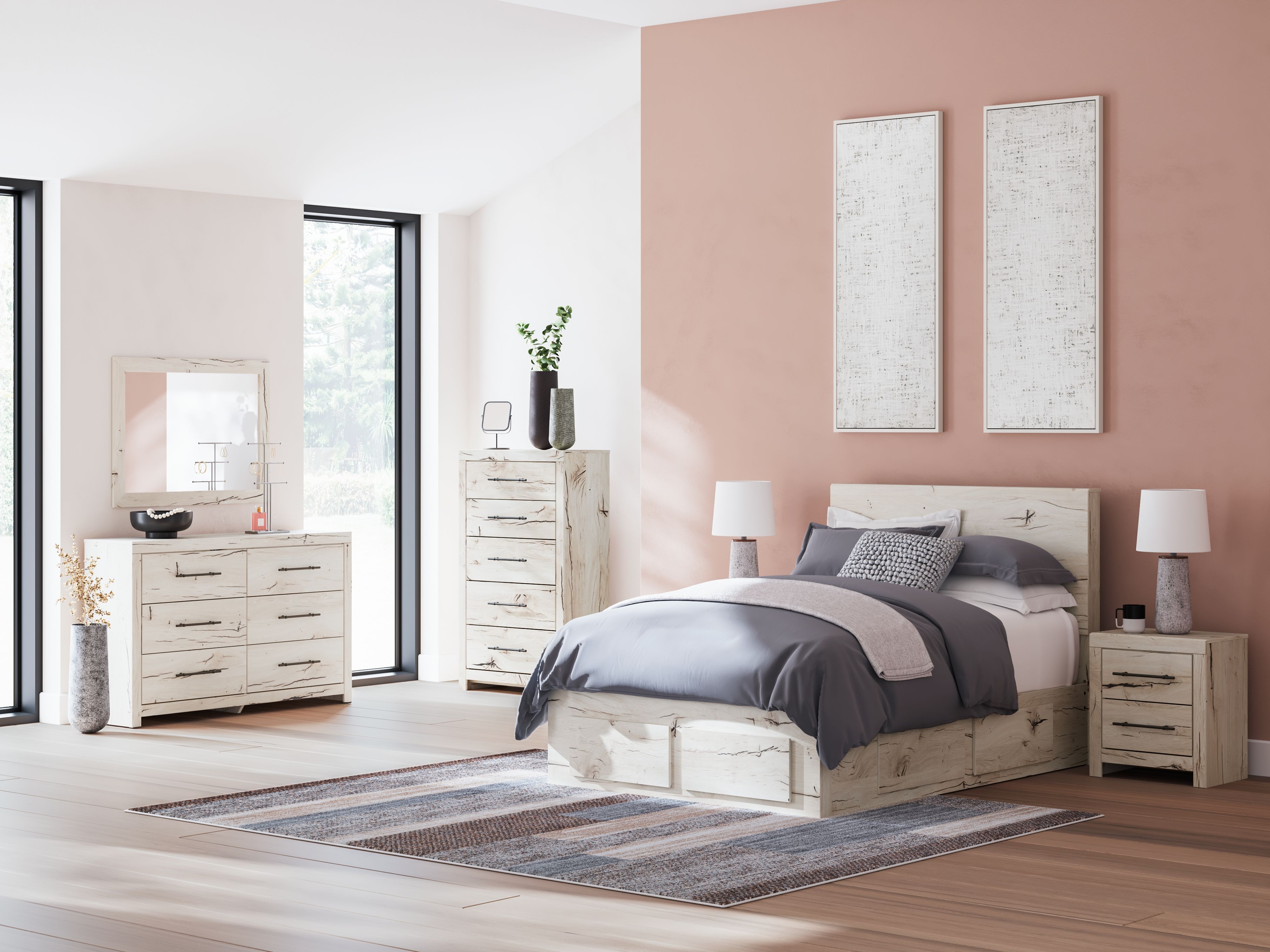 Ashley Lawroy - Light Natural - 8 Pc. - Dresser, Mirror, Chest, Full Panel Bed With Storage Footboard And 2 Under Bed Storage Units