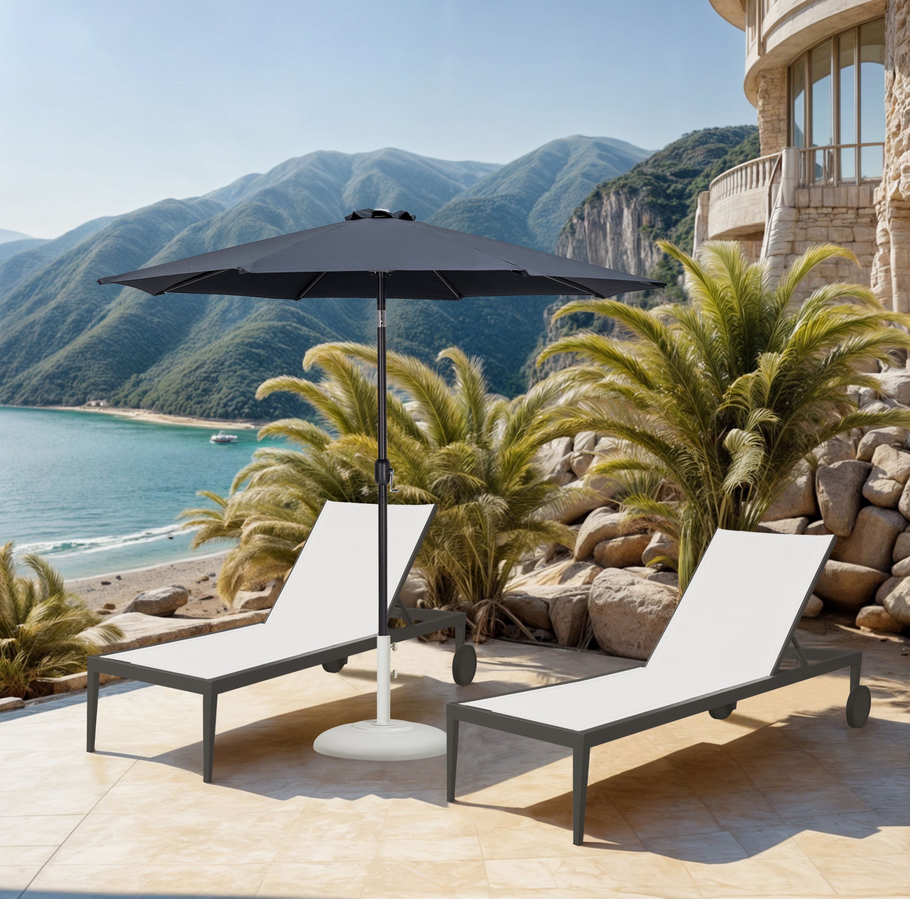 Fiji - Aluminum Patio Umbrella With Round White And Black Base - Gray