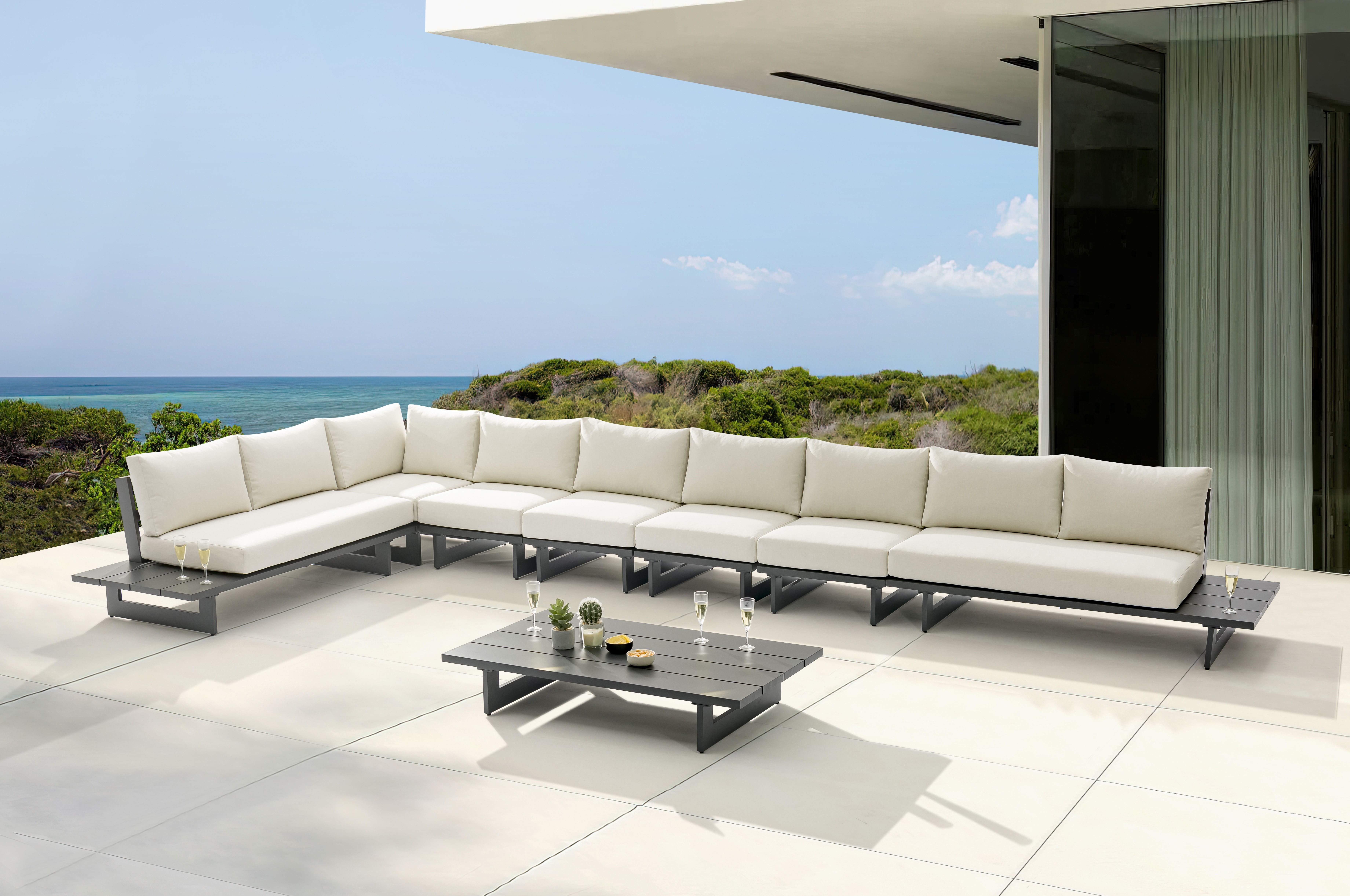 Maldives - 7 Piece Water Resistant Outdoor Patio Modular Left Arm Facing Sectional With Gray Base - Cream
