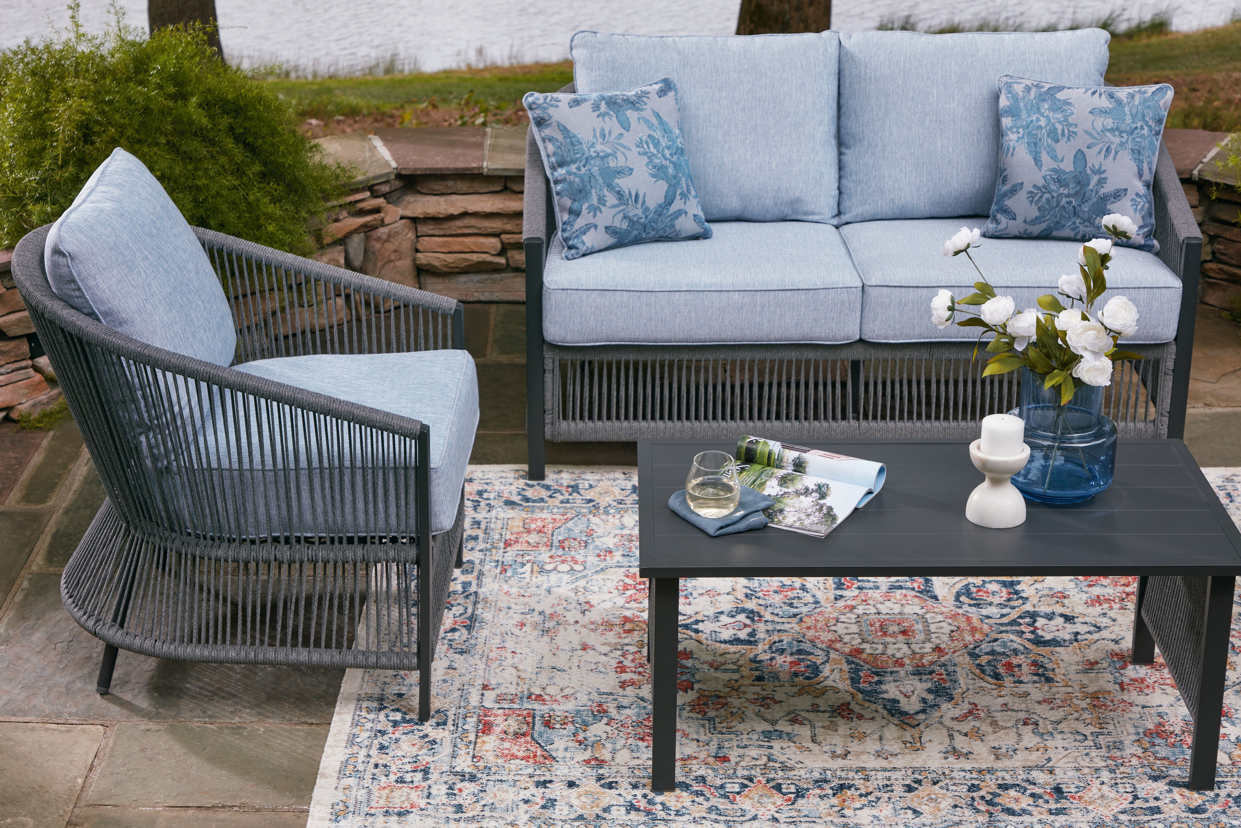 Ashley Furniture Bridges Beach - Loveseat, Lounge Chairs, Table Set (Set of 4) - Gray - Image 8