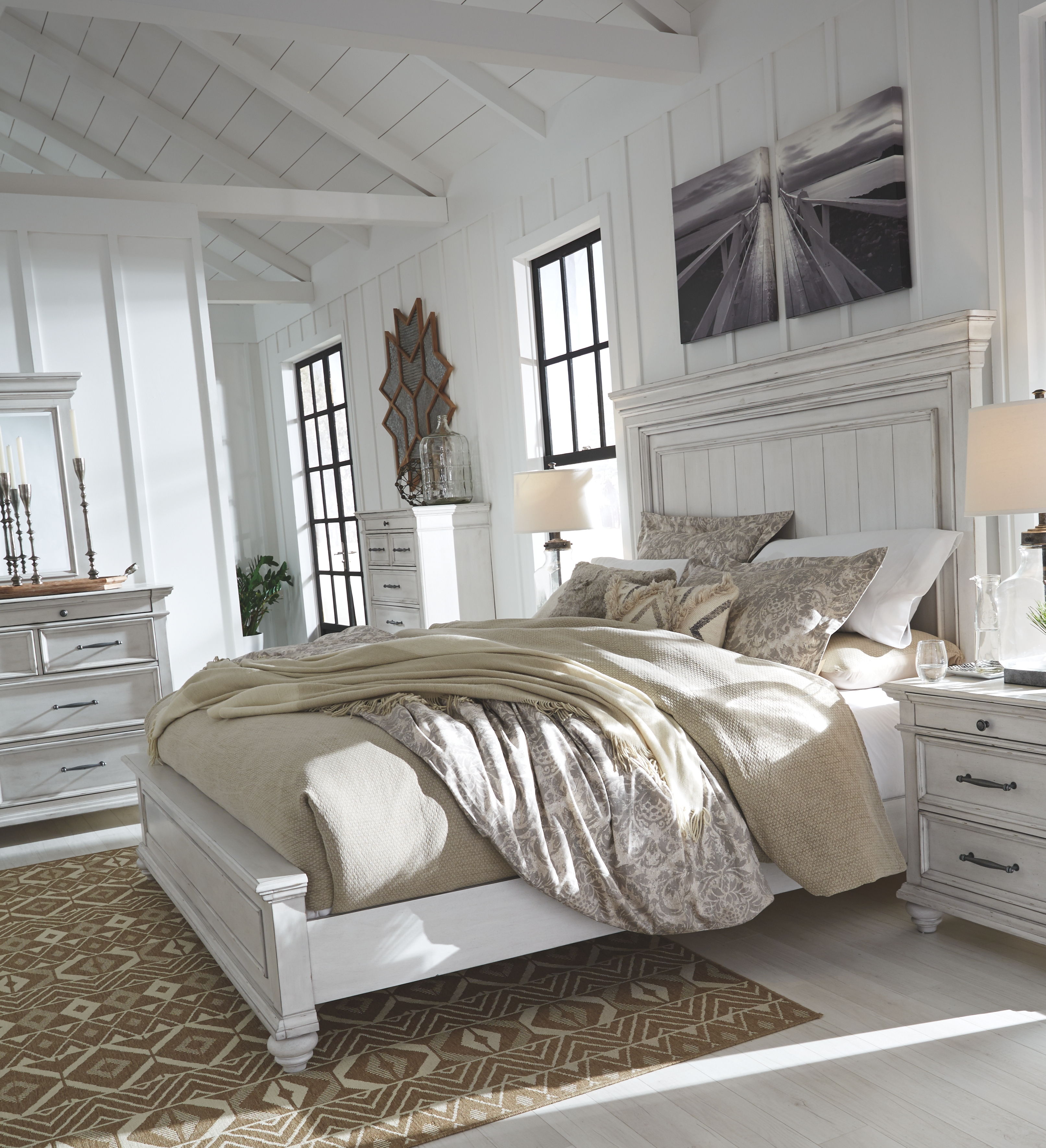 Ashley Furniture Kanwyn - 8 Pc. - Dresser, Mirror, Chest, Queen Panel Bed, 2 Nightstands - Whitewash - Image 2